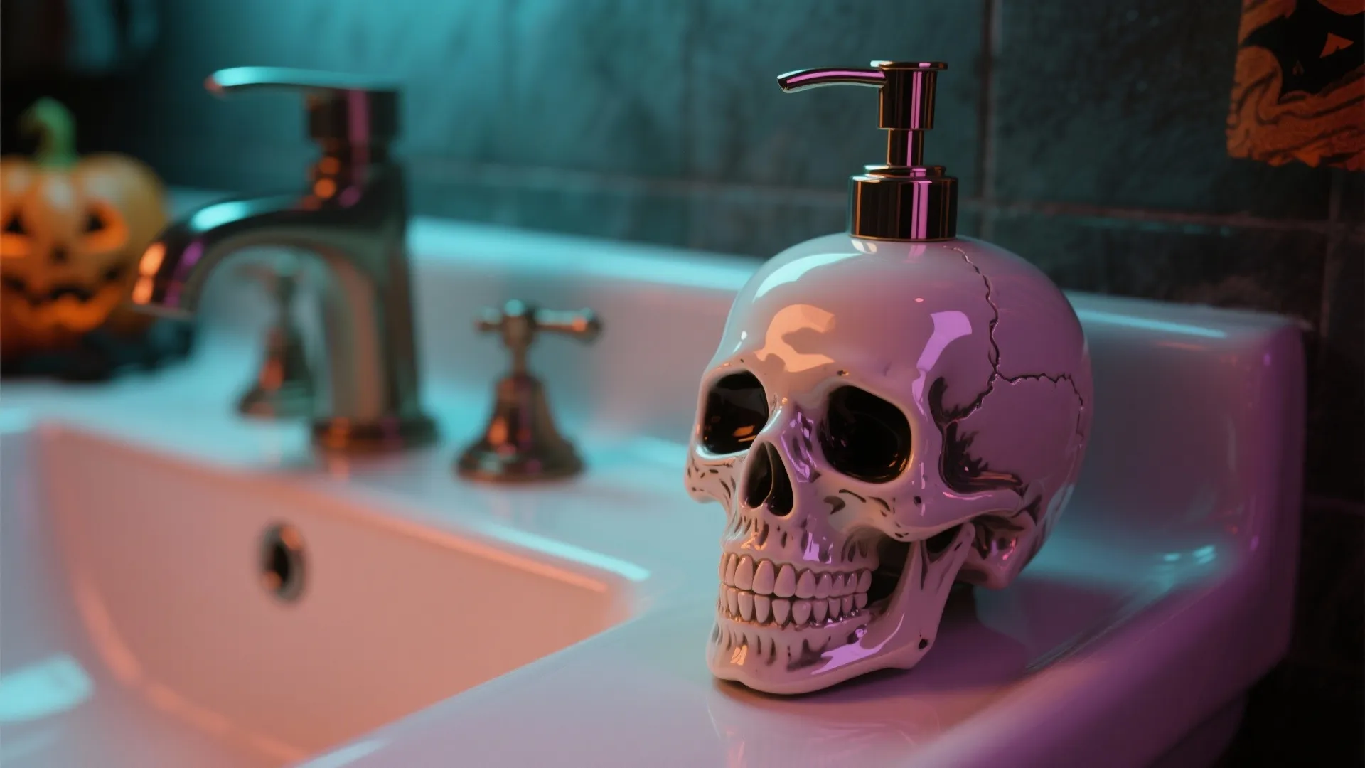 White skull soap dispenser on a bathroom sink with a metal faucet and colorful lighting