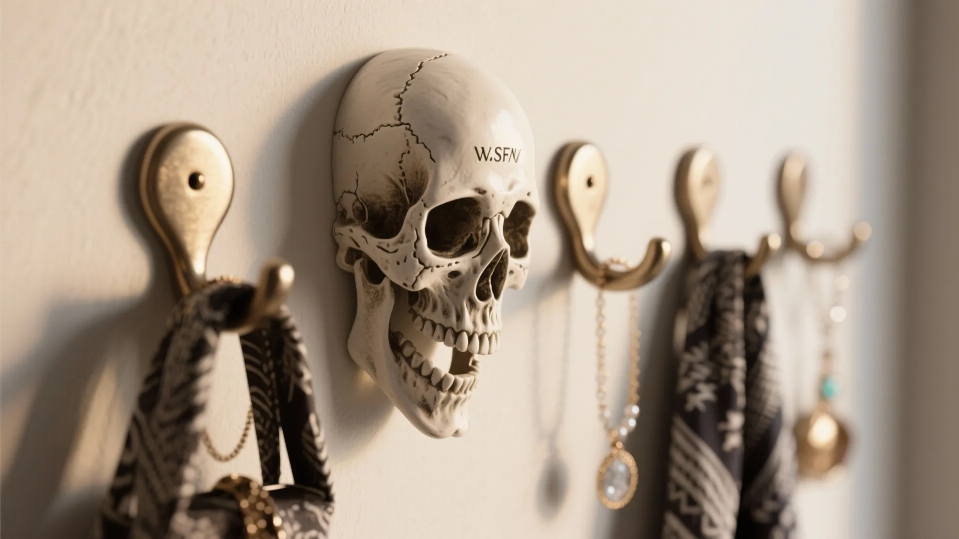 Row of gold wall hooks with a decorative skull holding jewelry and scarves on wall