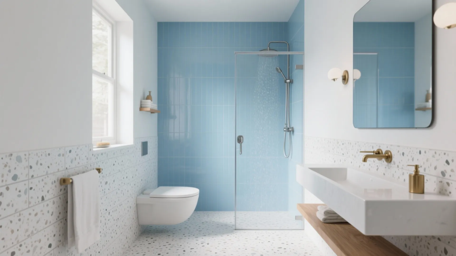Modern bathroom with light blue wall tiles white toilet shower area and gold sink faucet