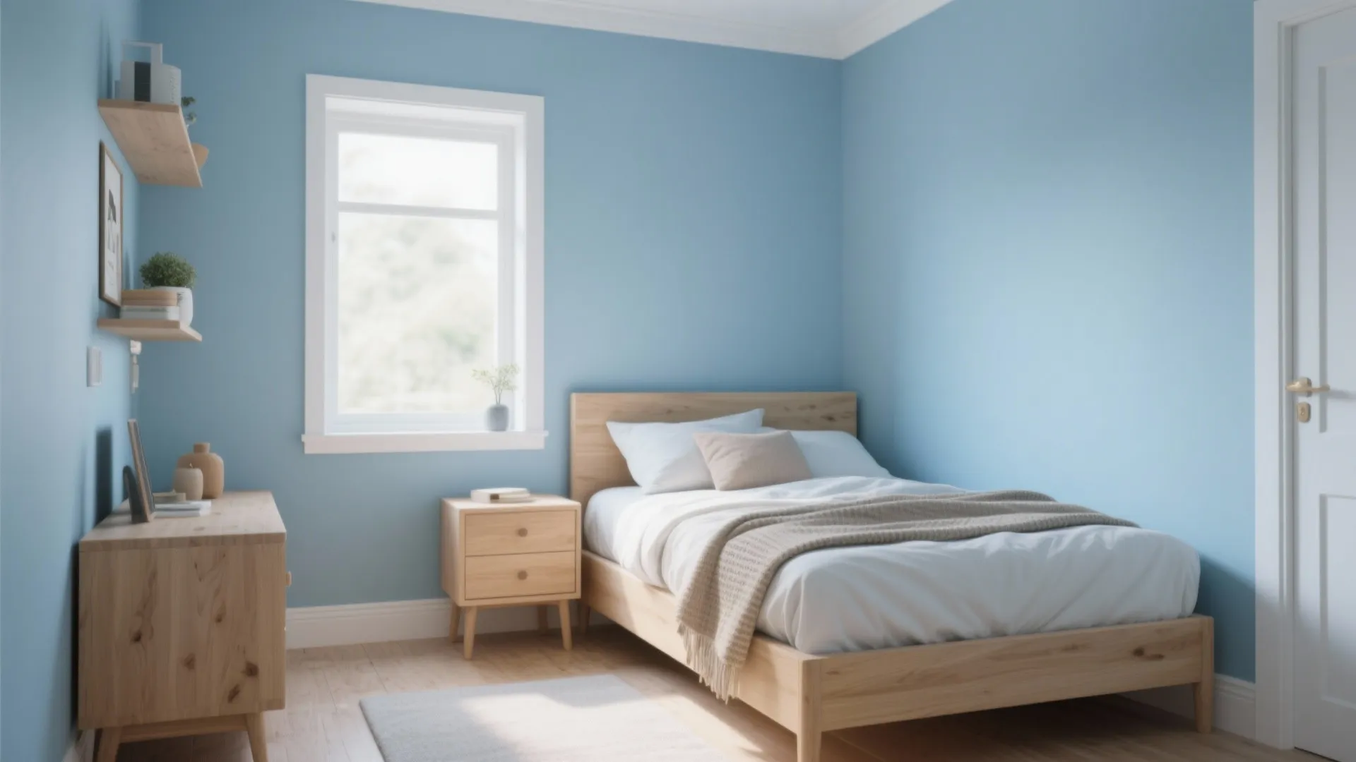 Simple bedroom with light blue walls, wooden bed, white window, wooden cabinet, and natural light