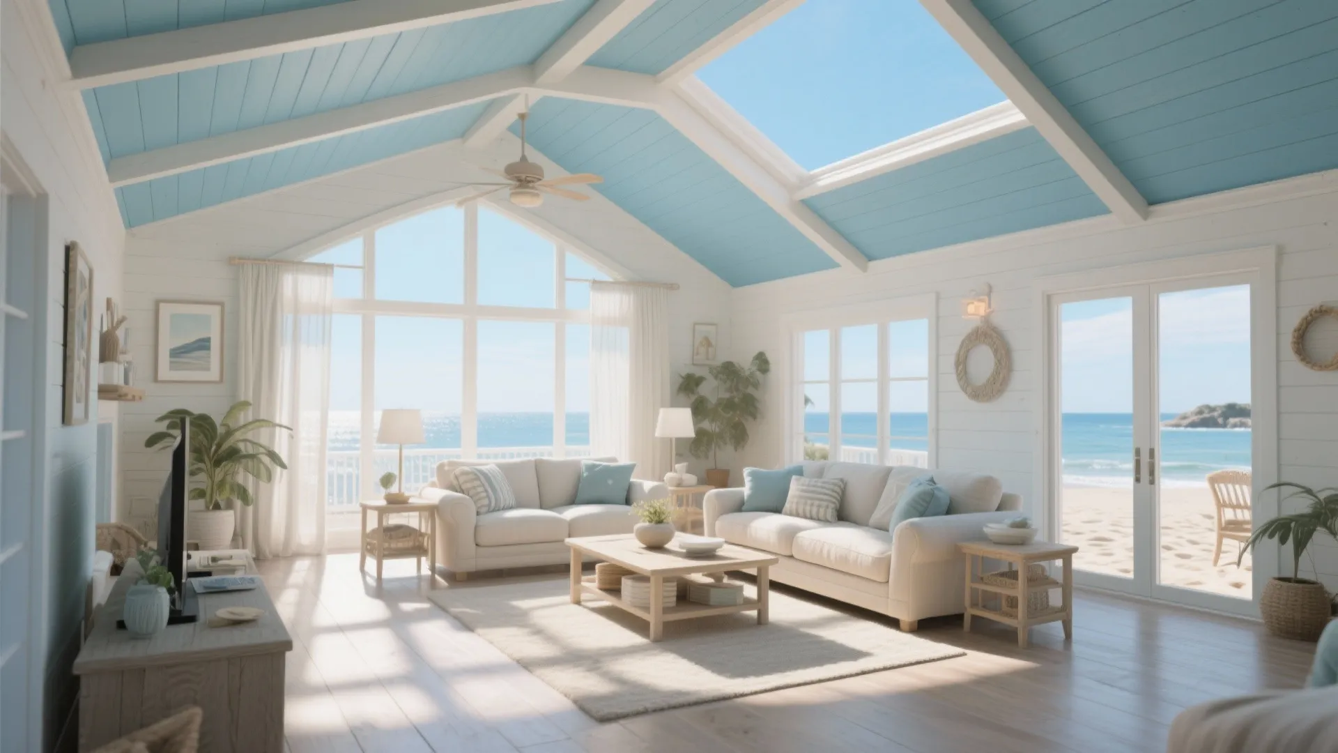 Bright coastal living room with sky blue vaulted ceiling and large windows overlooking the beach