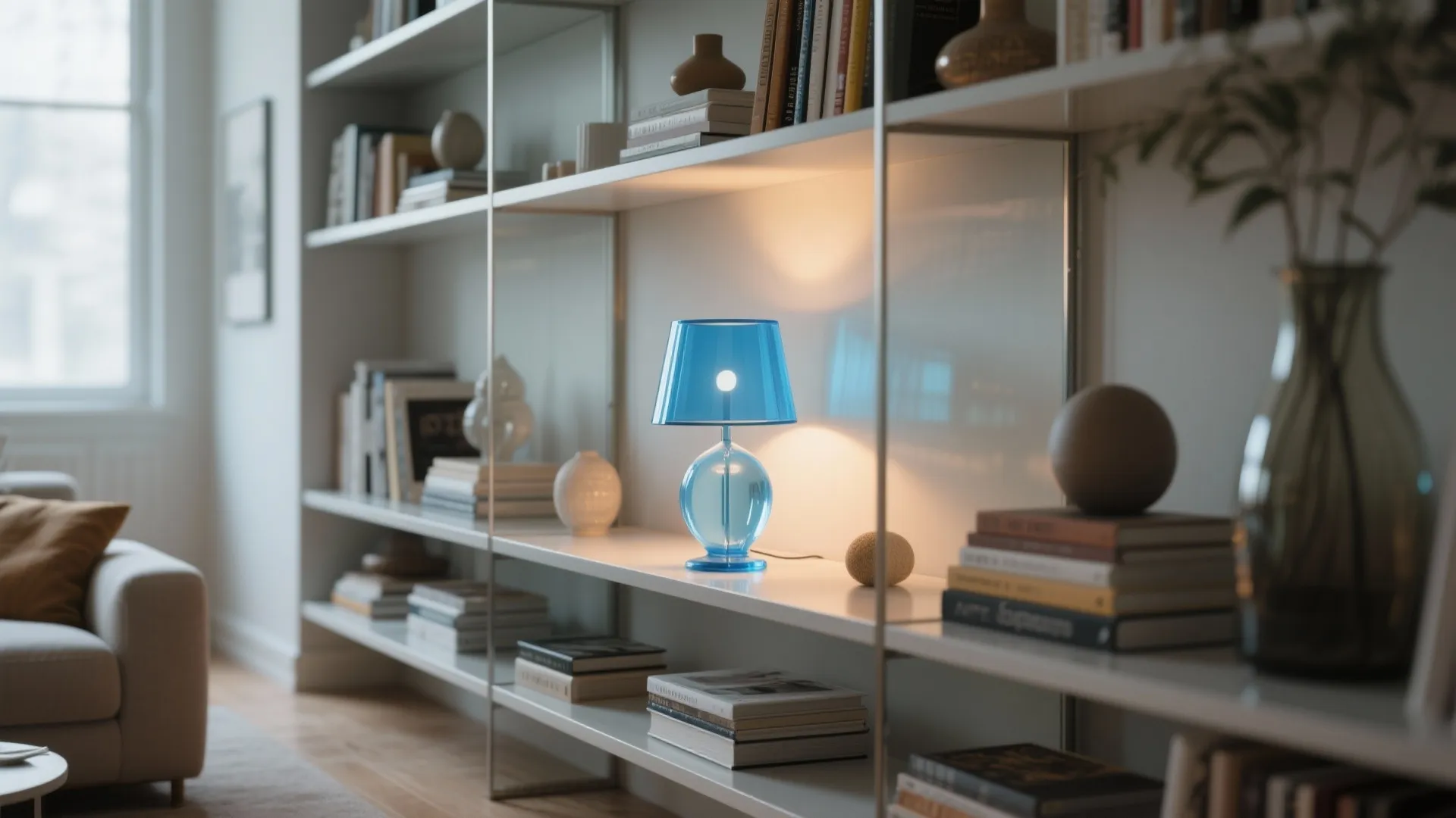 3. Sky-blue glass lamp to add layering