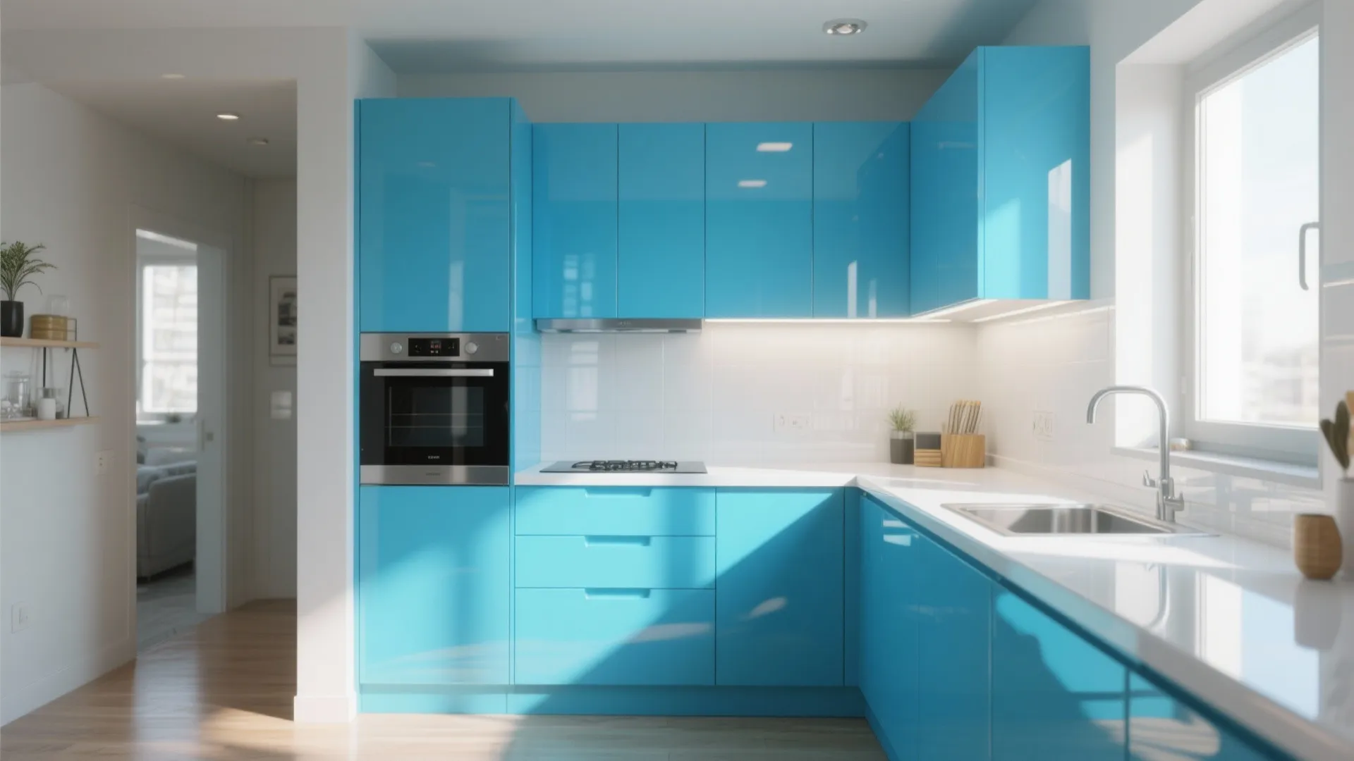 Modern bright kitchen featuring glossy blue cabinets white countertop built in oven and natural light