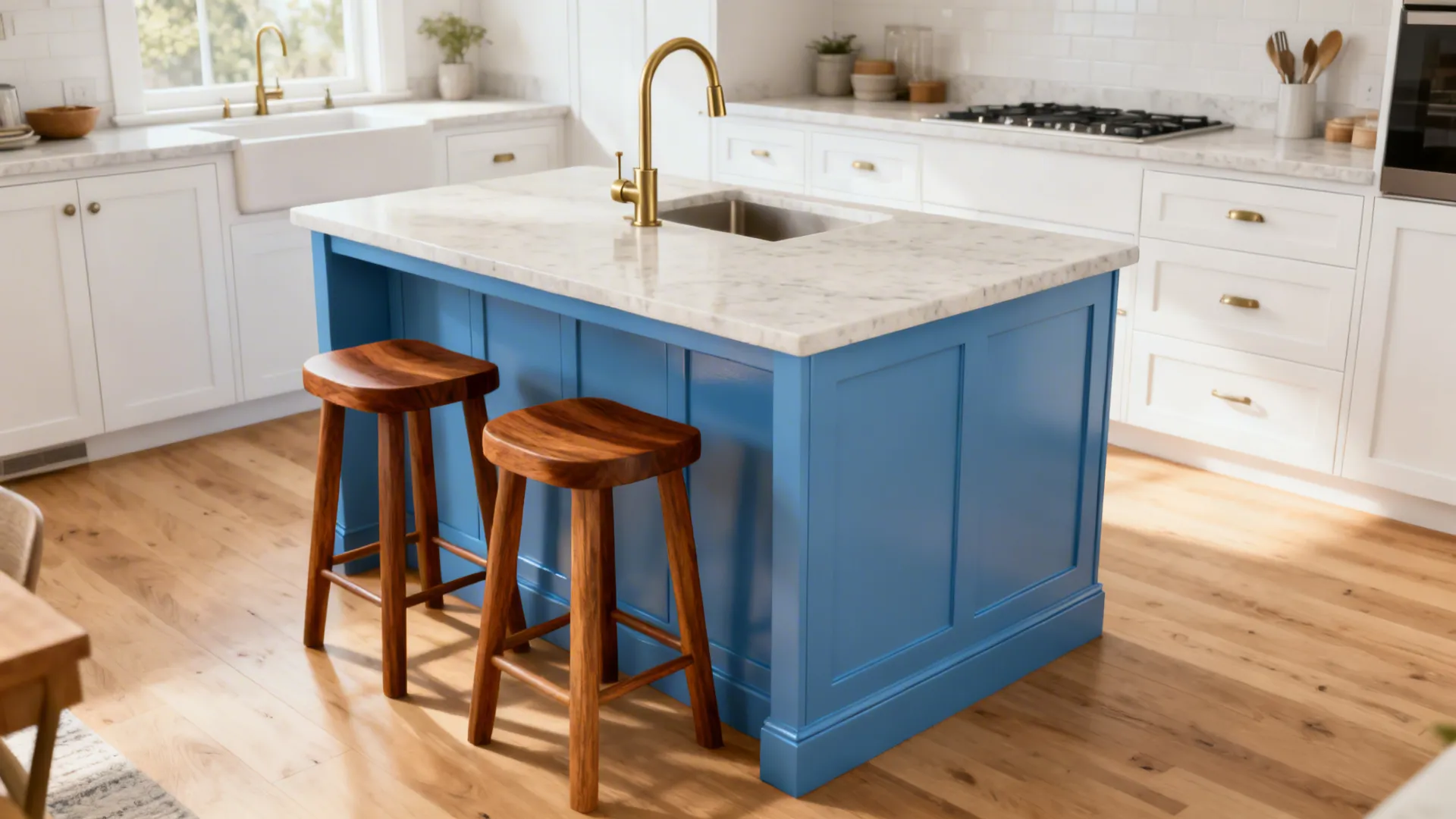 Small open-plan kitchen with a sky-blue island and warm wood stools.