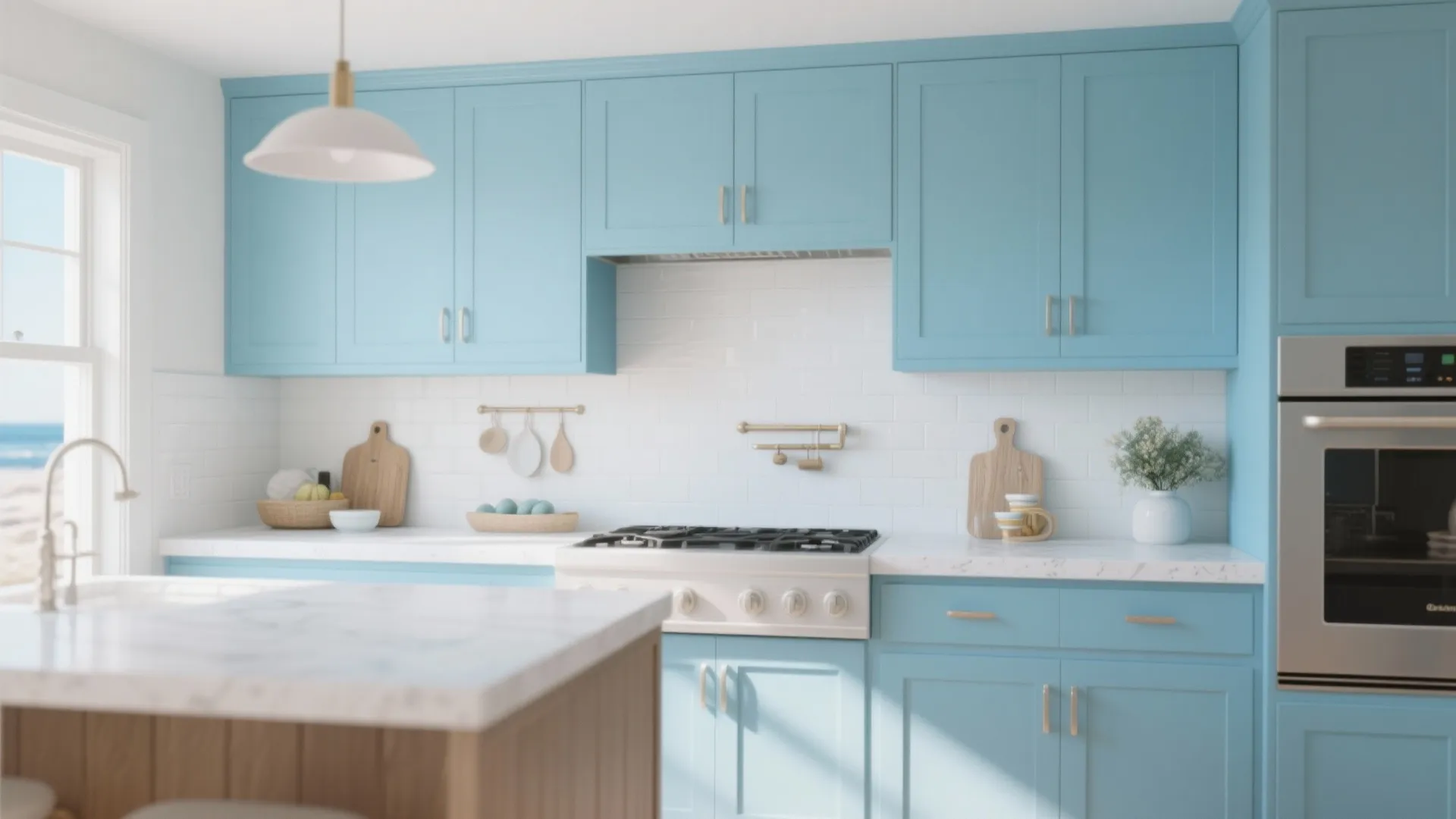 Bright sky blue kitchen cabinets with white tiles marble countertop stove and a ceiling light