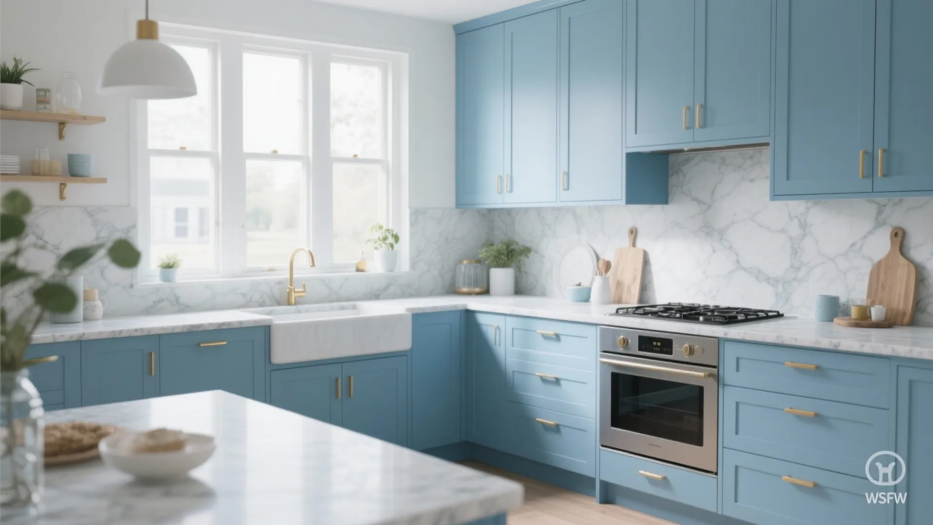 Sky blue kitchen cabinets with gold handles, marble backsplash, white sink, large window, and stainless oven
