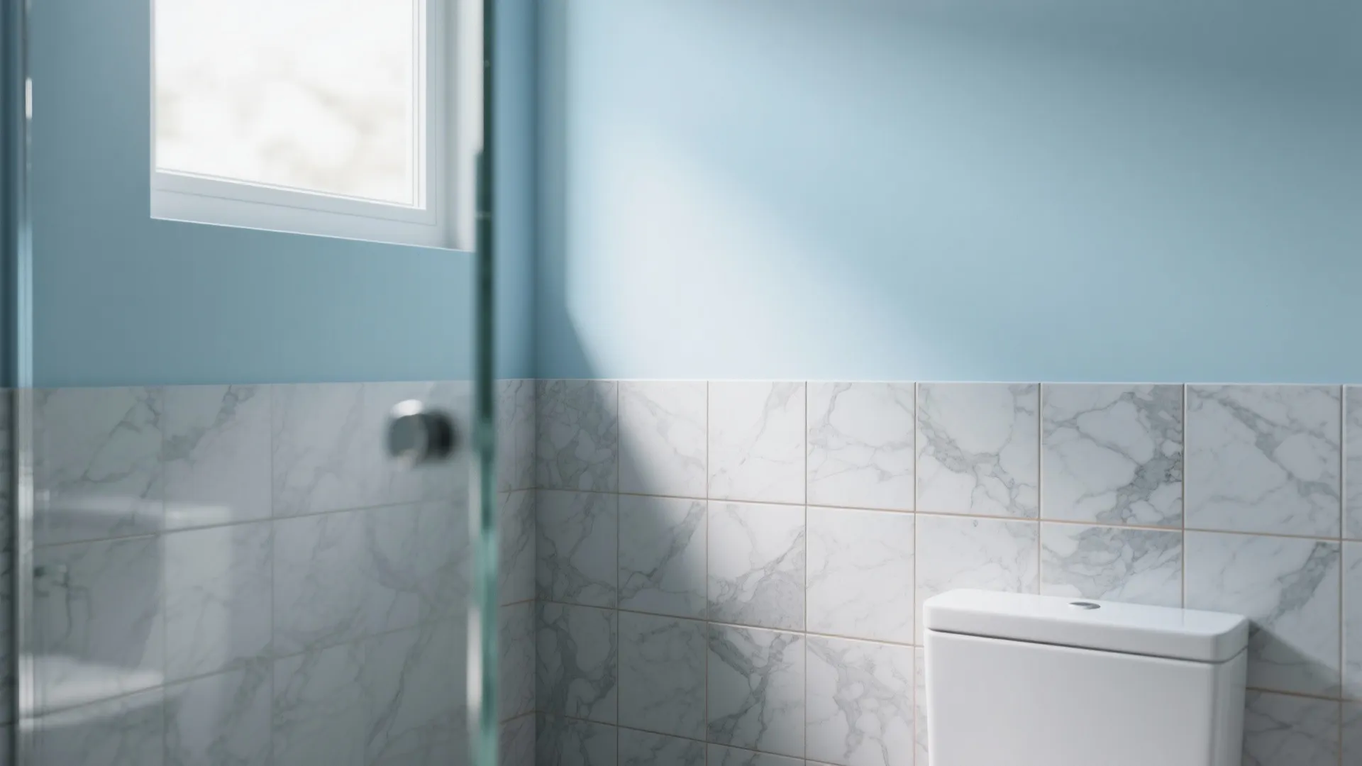 1. Sky-blue wall with gray veined tiles