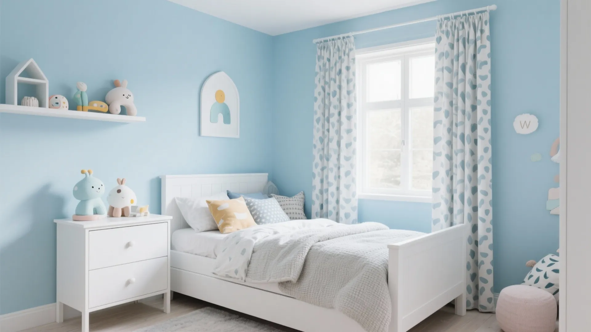 Light blue kids bedroom with white bed wooden floor patterned curtains and small white storage cabinet