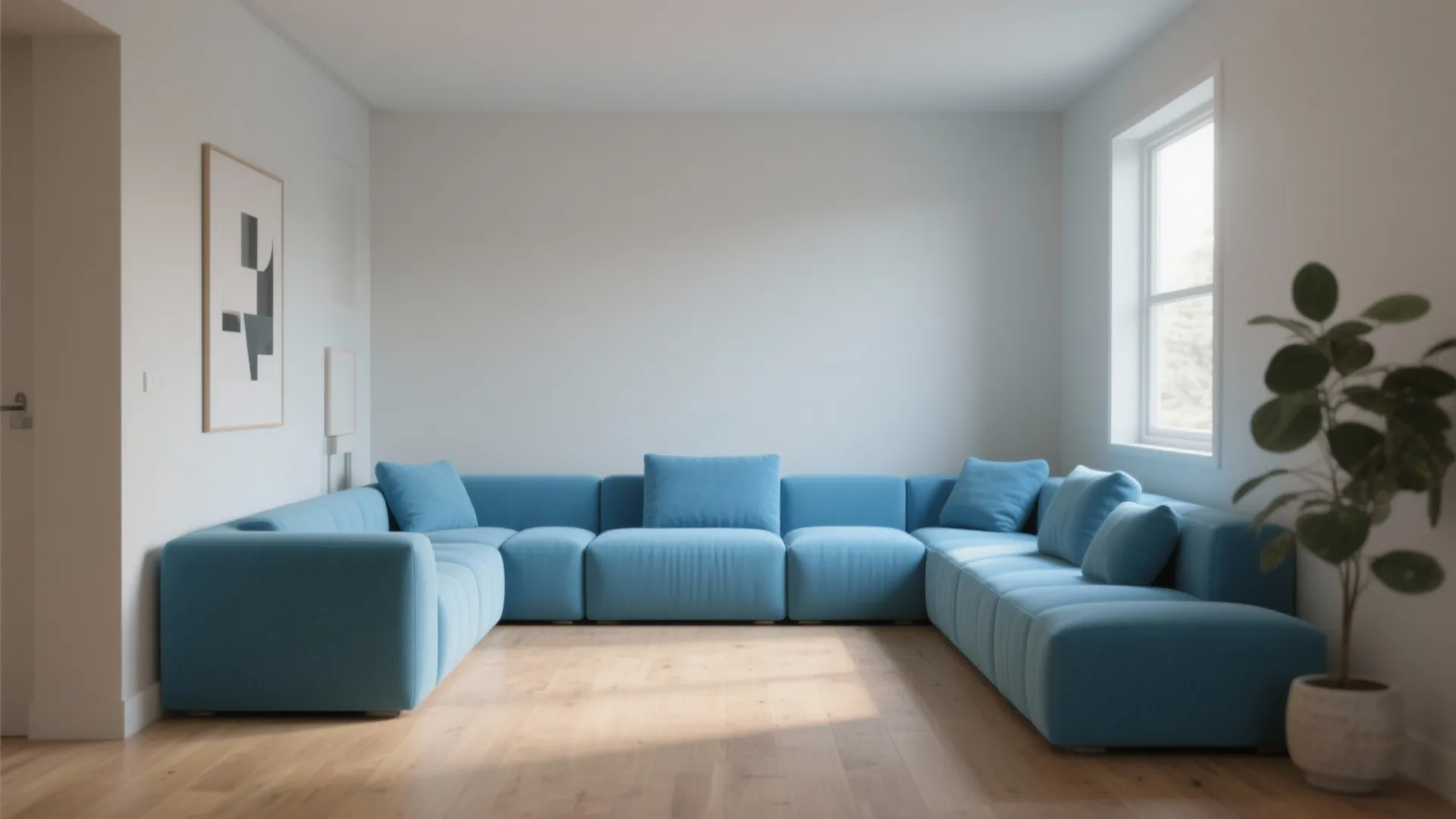 2. Sky-blue modular seating for flexible layouts