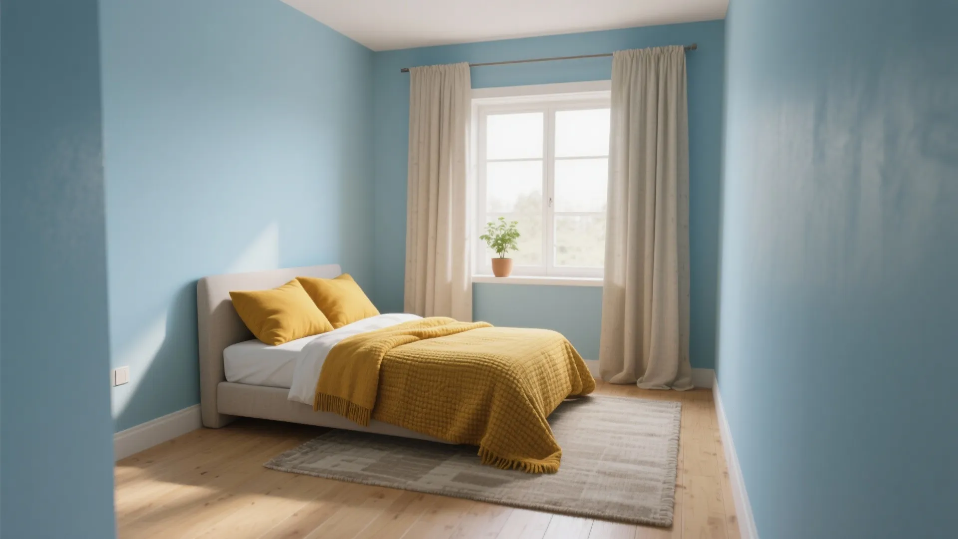 1. Soft Sky Blue Walls with Mustard Accent