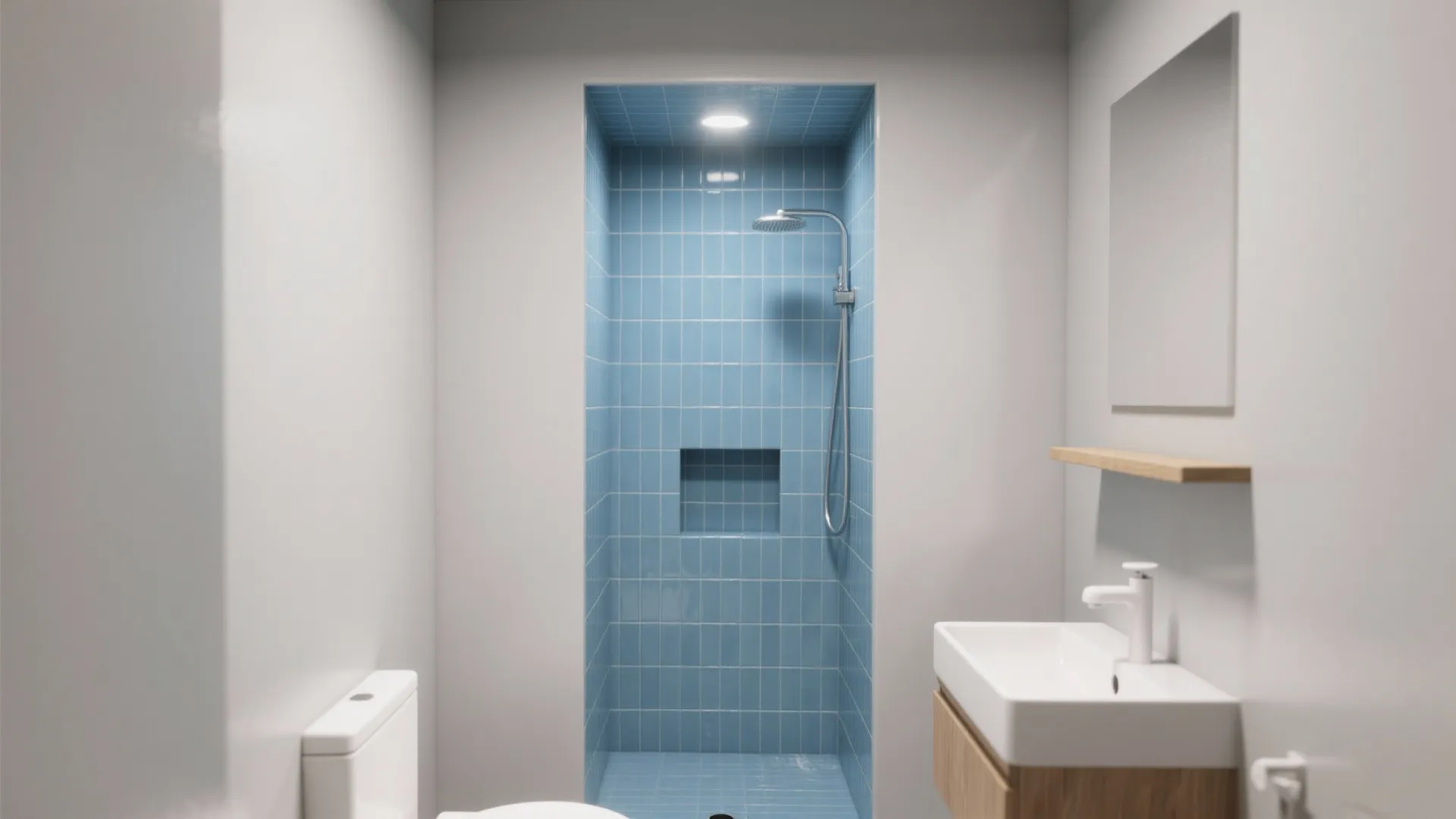 Minimalist bathroom interior design with blue tiled shower area white sink and modern toilet fixture
