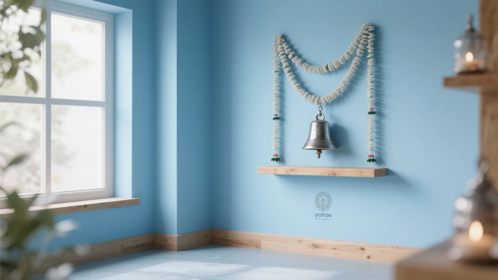 Light blue room featuring a silver bell hanging over a wooden shelf with white windows