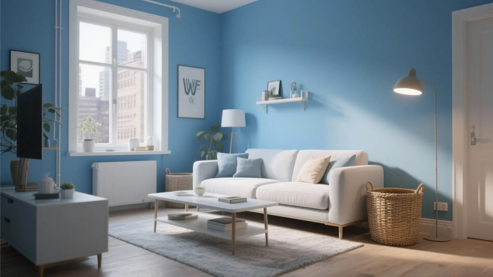 Bright city living room with sky blue walls and cozy accents