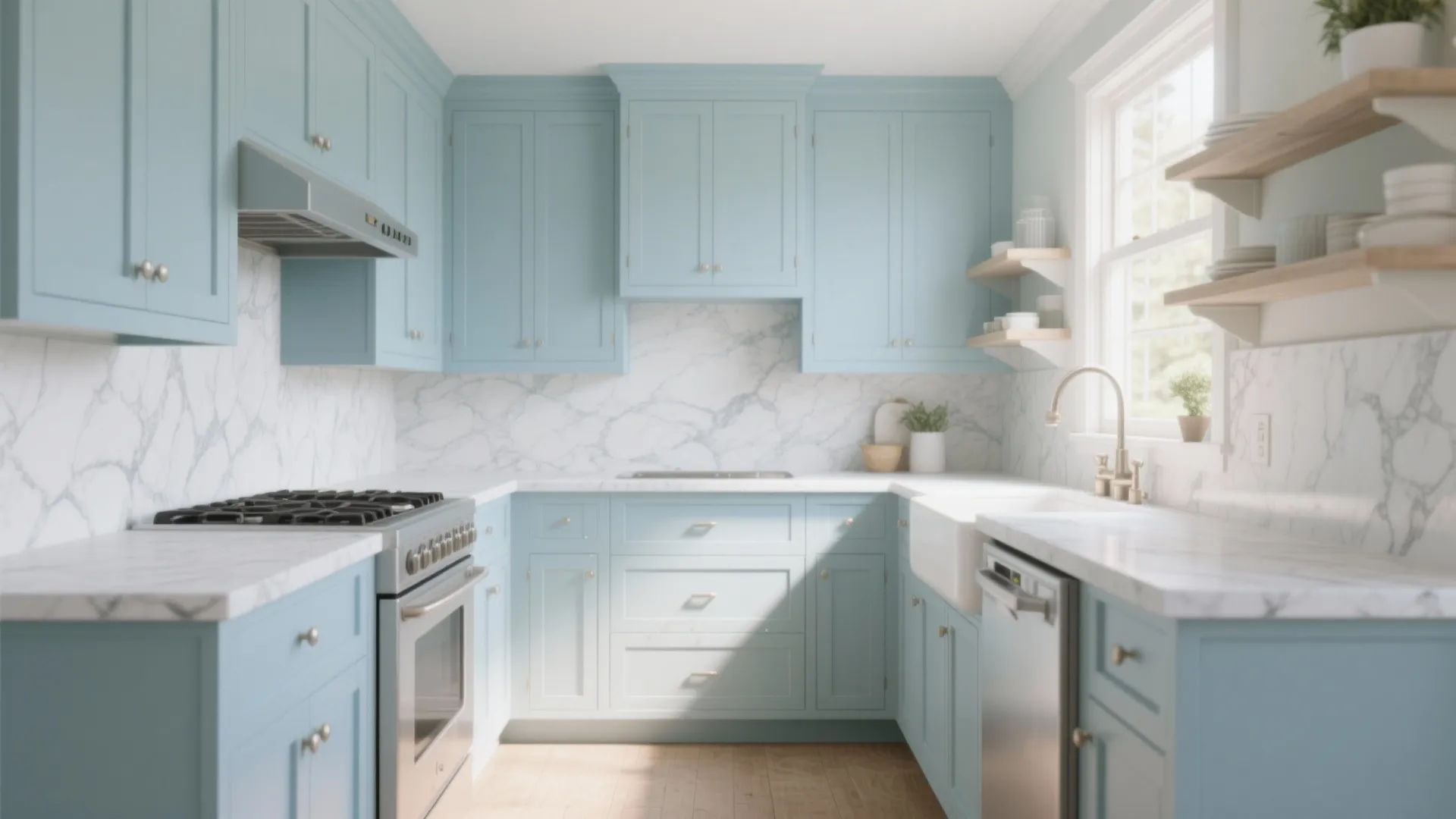 2. Soft Sky Blue Shaker Cabinets