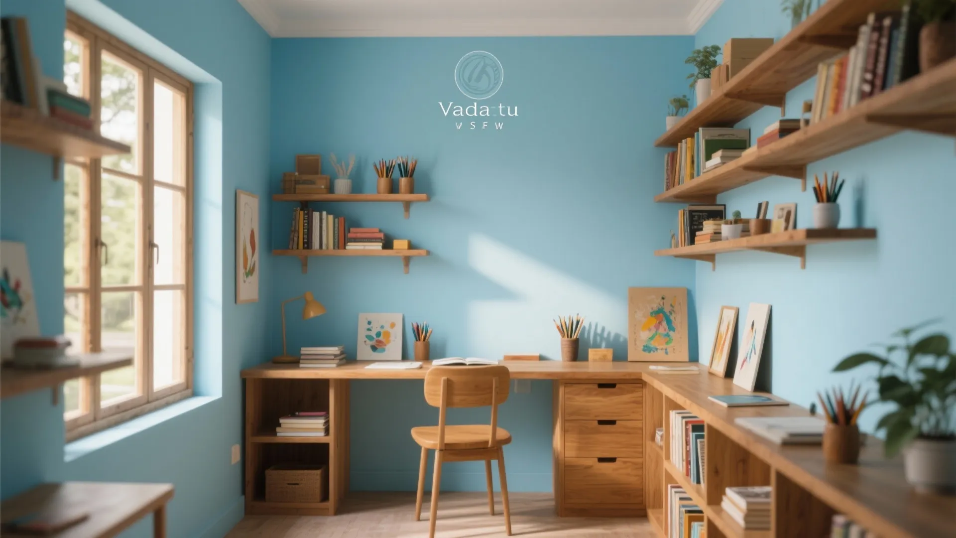 Blue study room featuring a wooden corner desk chair open wall shelves and large window