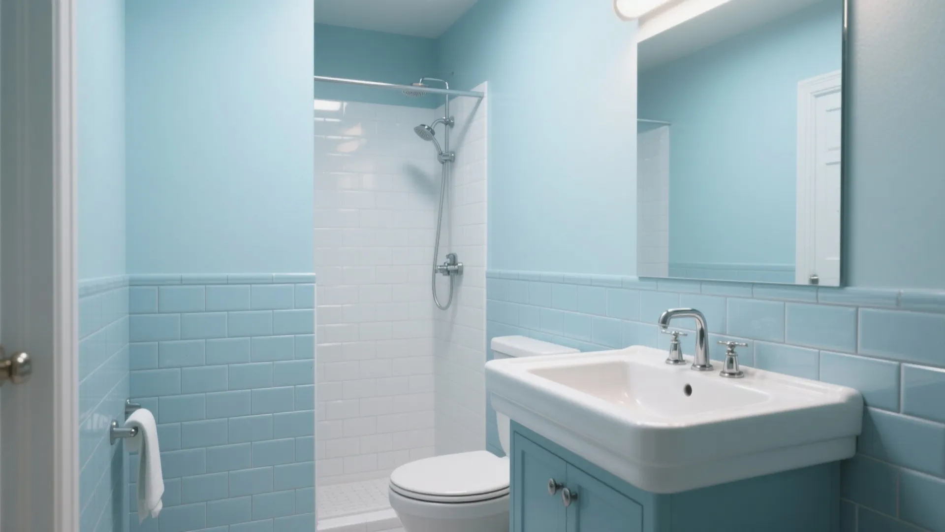 Soft Sky Blue Subway Tiles for an Airy Bath