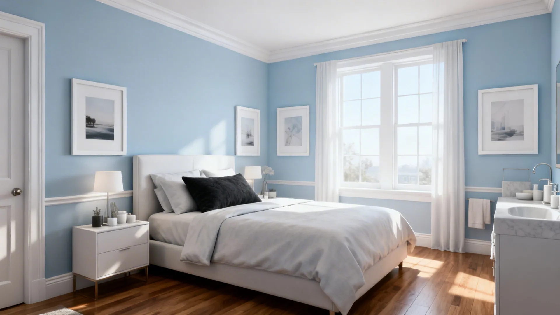 Airy bedroom with soft sky blue walls, white trim, and warm wood accents.