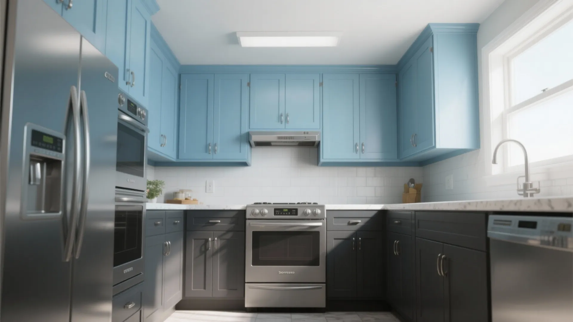 Interior design drawing of blue kitchen with grey bottom cabinets stainless steel appliances and ceiling light