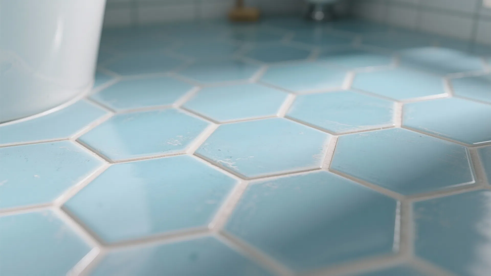 Close up view of light blue hexagon floor tiles in a modern bathroom with sunlight