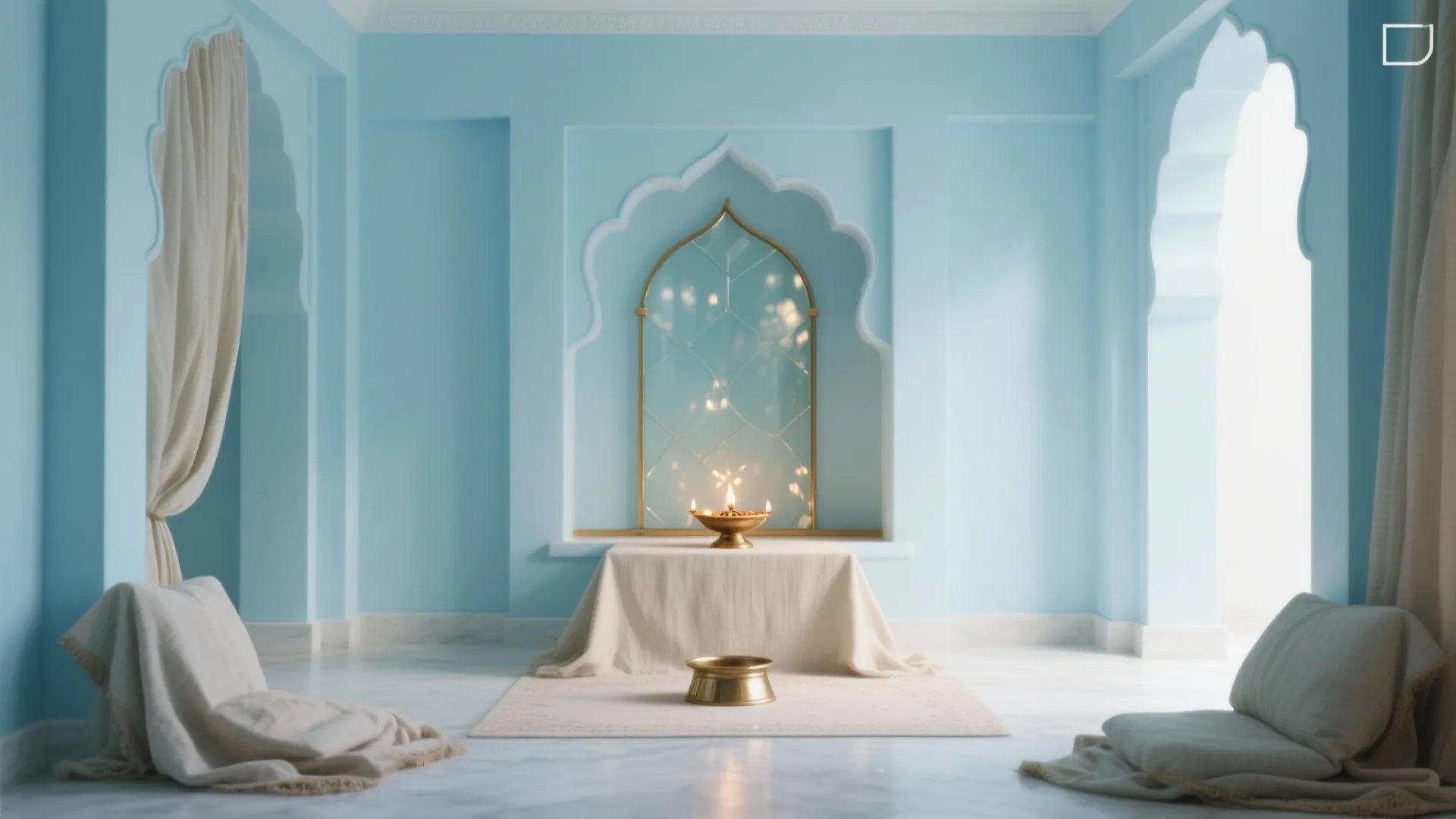 Light blue meditation room with arched wall niches, floor cushions, brass bowl, and natural light