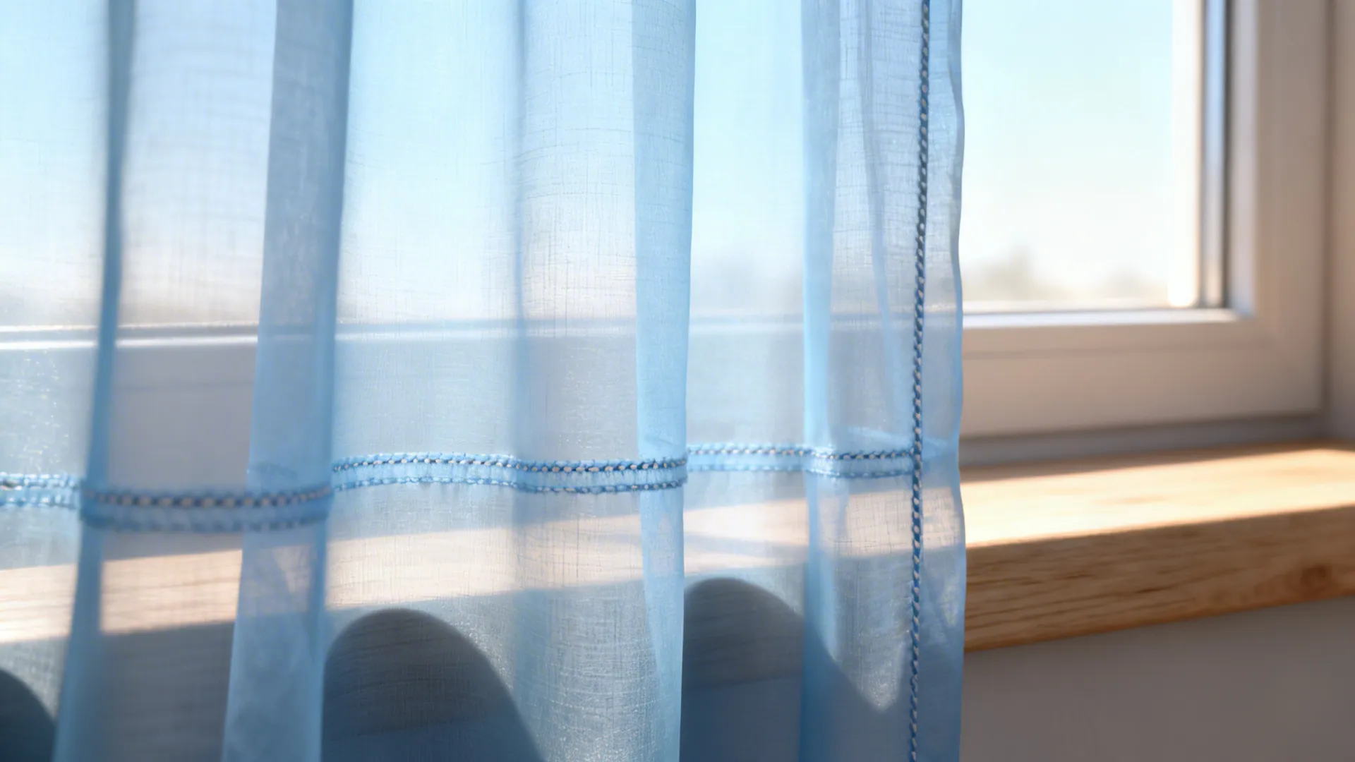 Pale blue sheer curtain fabric glowing with filtered daylight at a window.