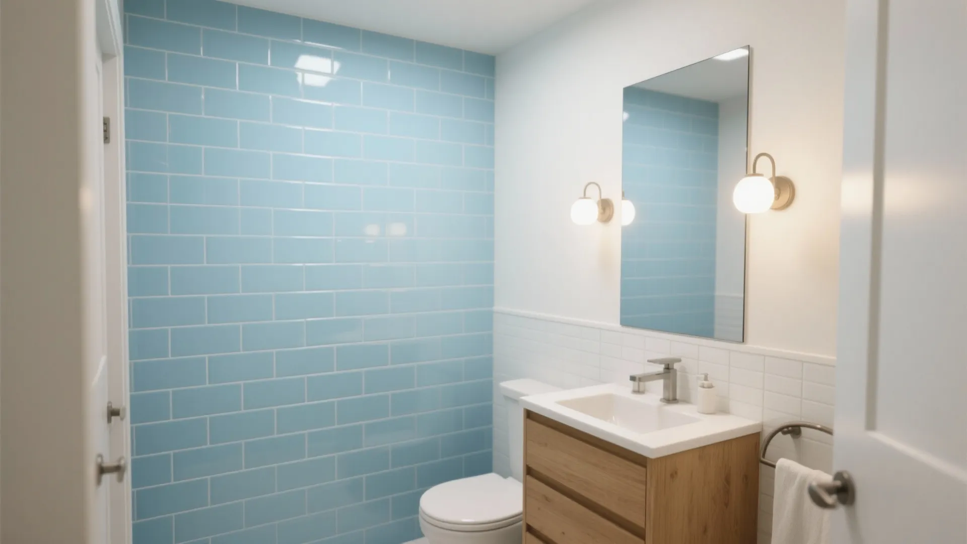 Sky-Blue Subway Tiles, White Grout, Big Light