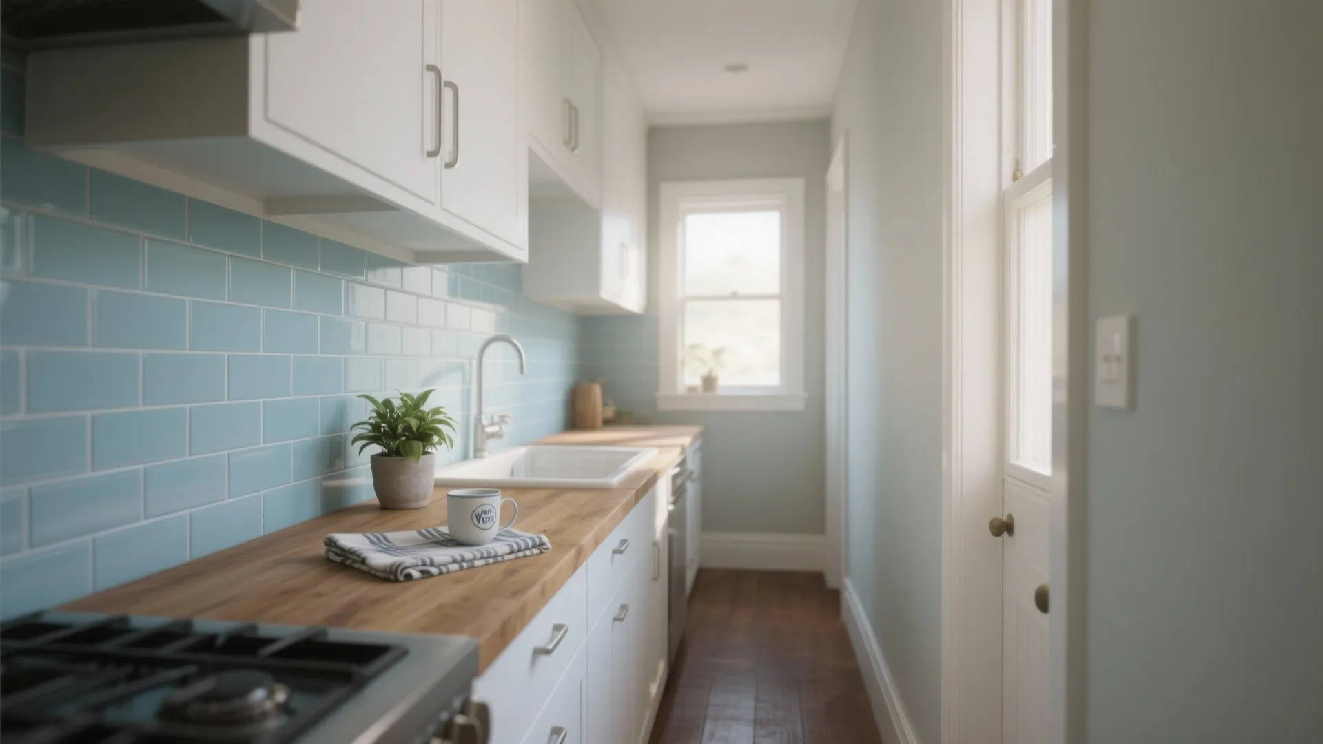Small galley kitchen with light blue wall tiles white cabinets wooden countertop and a small window