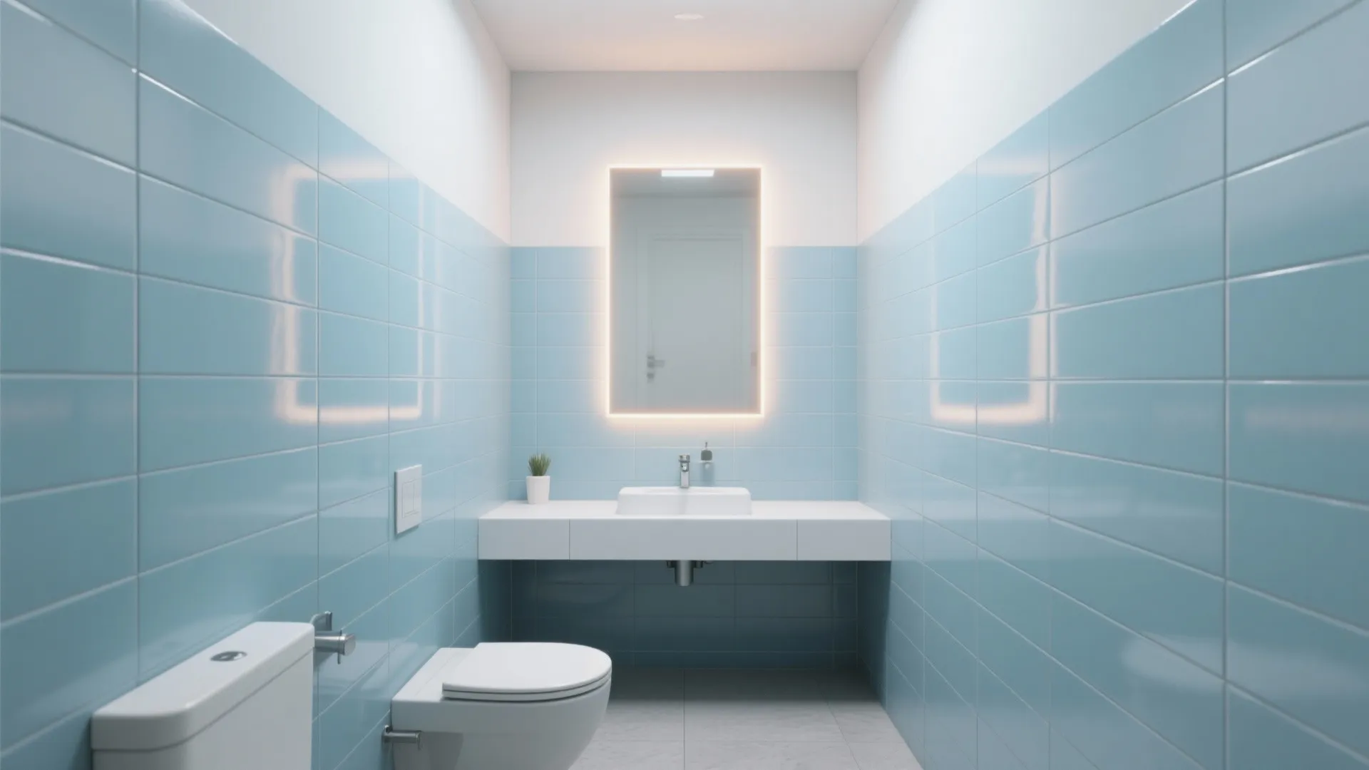 Soft Sky-Blue Subway Tiles that Stretch Space