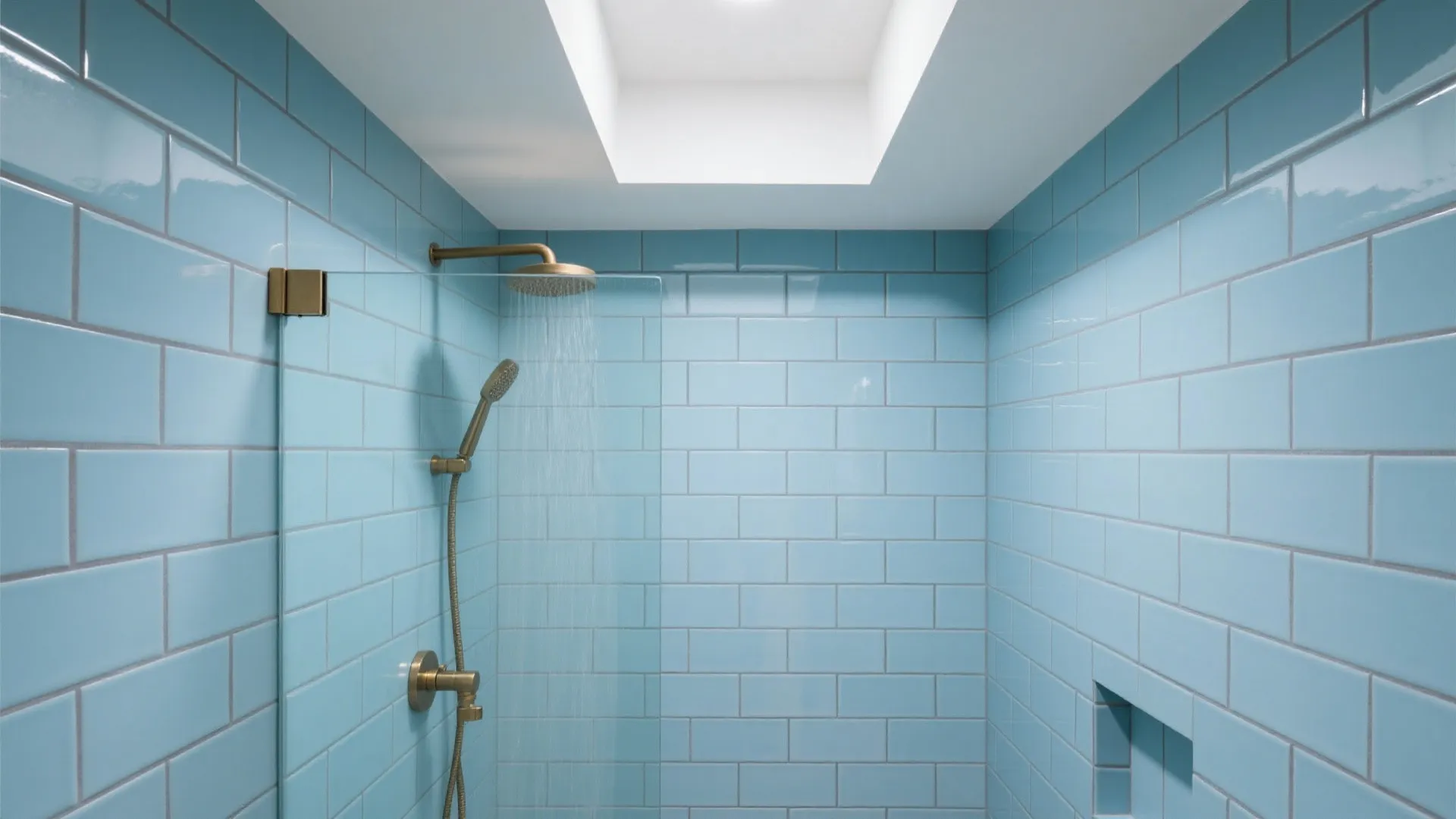 Modern bathroom shower area featuring light blue wall tiles gold fixtures glass door and roof window