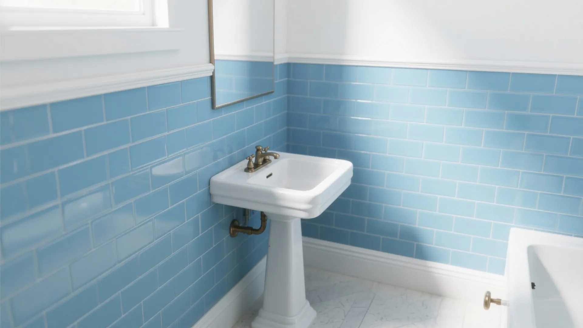Compact bathroom with sky-blue subway wainscot and white walls above.