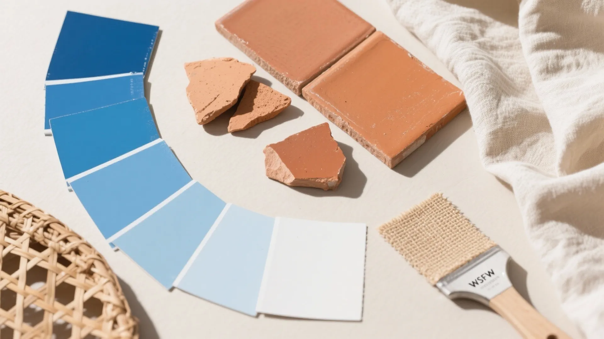 Interior design mood board with blue color swatches, terracotta tiles, paint brush, and fabric texture