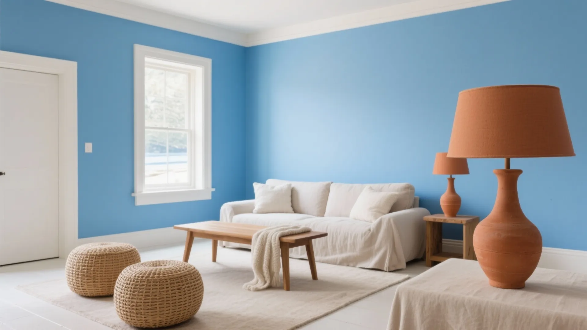 Bright blue living room with white sofa wooden coffee table woven footrests and orange lamp