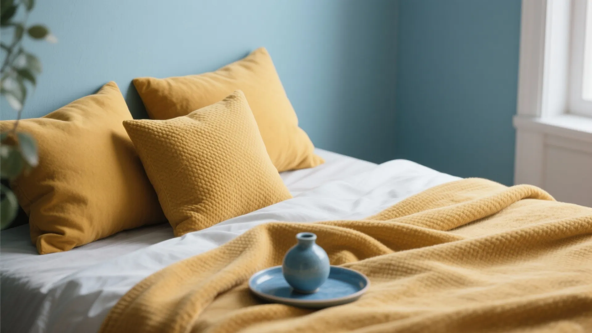 1. Soft Sky Walls with Mustard Accents