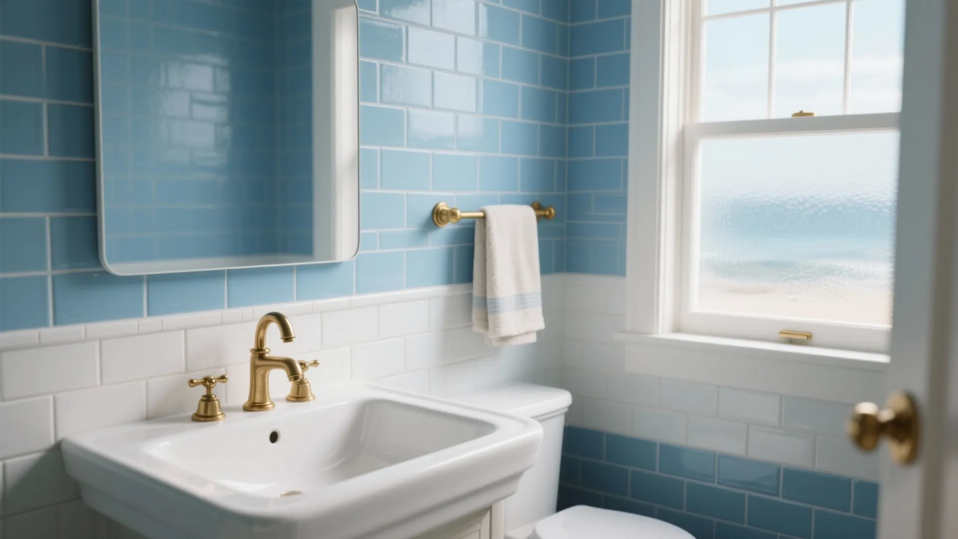 2. Sky Blue Tiles with Warm Brass Accents
