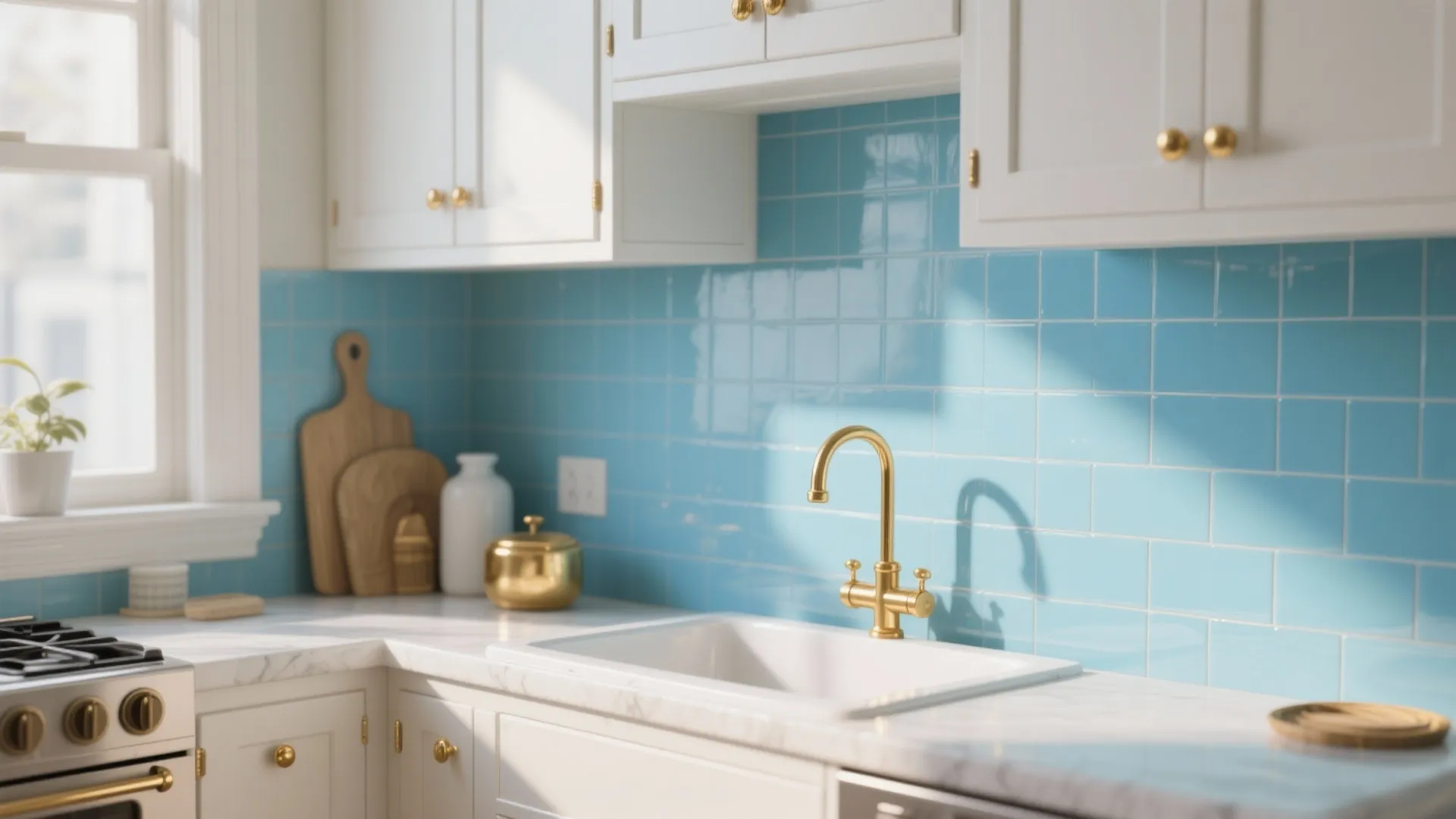 5. Pair Sky-Blue Tiles with Brass Hardware
