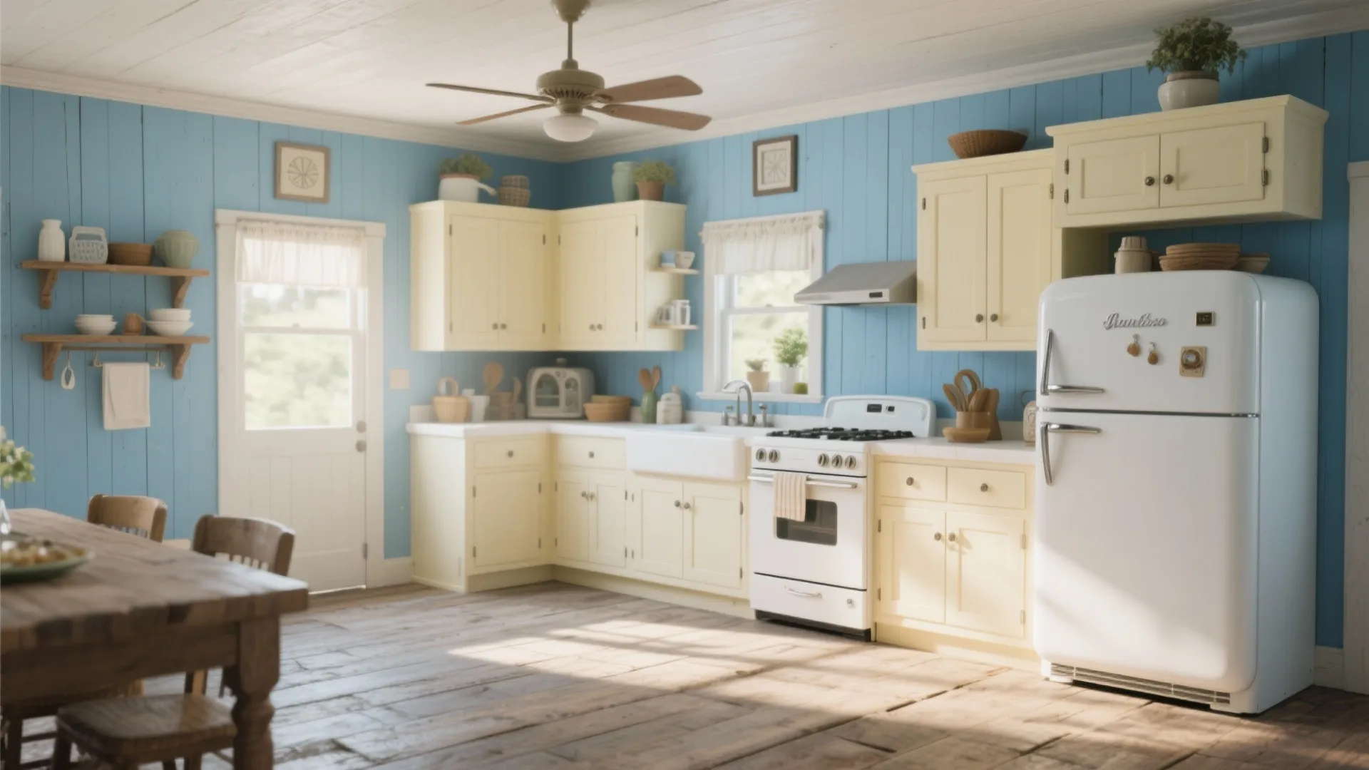 Retro kitchen featuring blue wall panels cream cabinets white fridge wood floor and ceiling fan