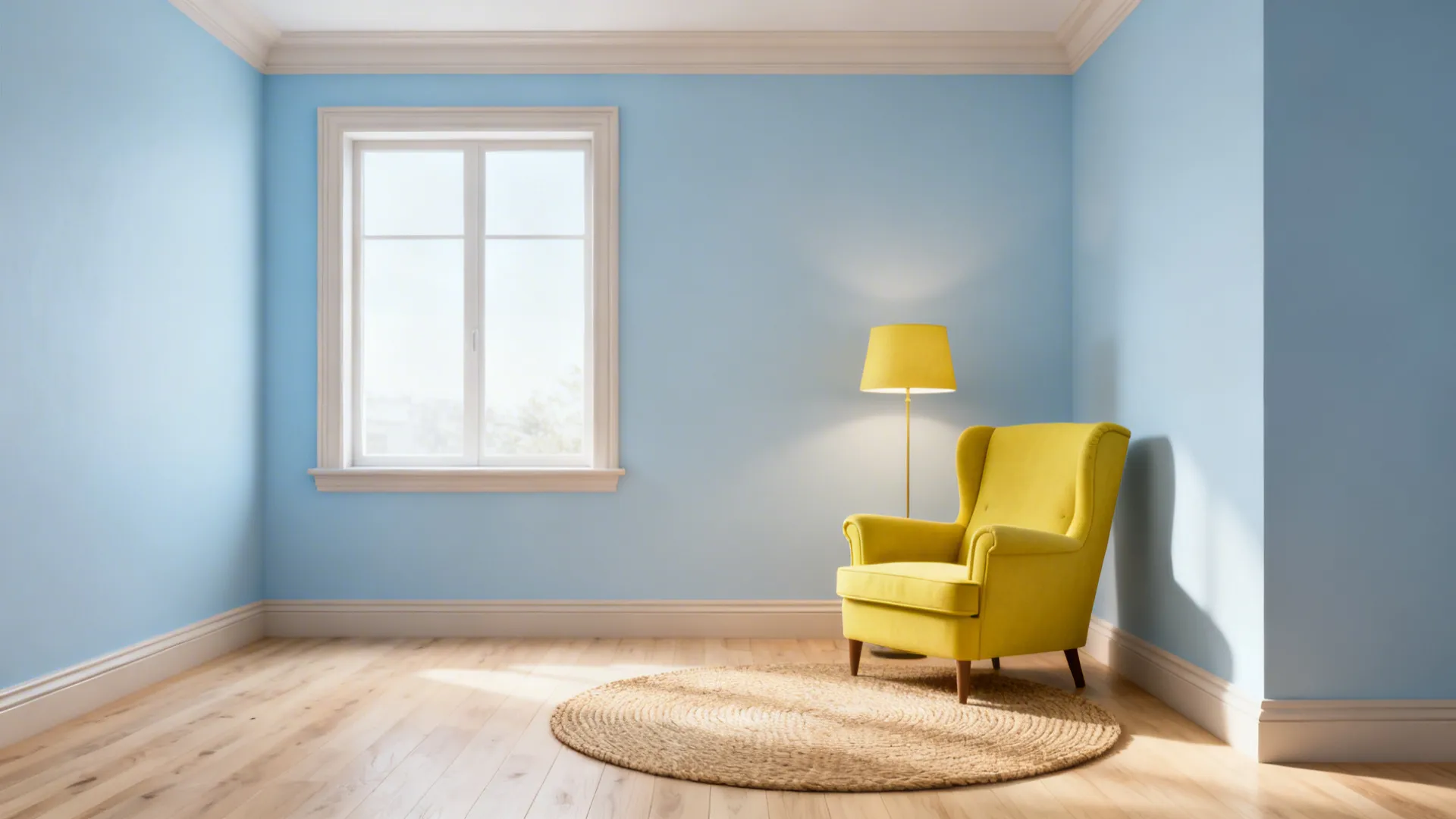 Small airy room with sky-blue walls and a canary yellow accent chair by a window
