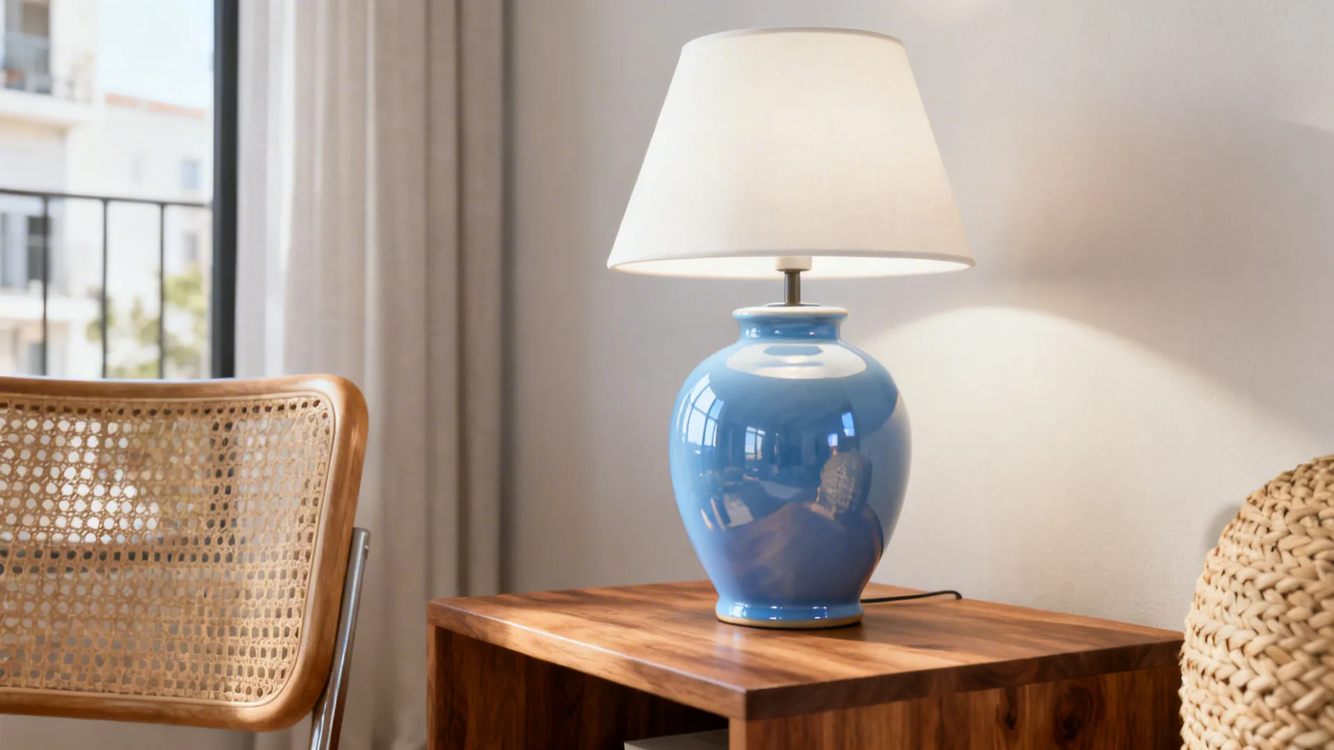 Sky-blue ceramic lamp on an oak table next to rattan furniture, glossy finish reflecting light.