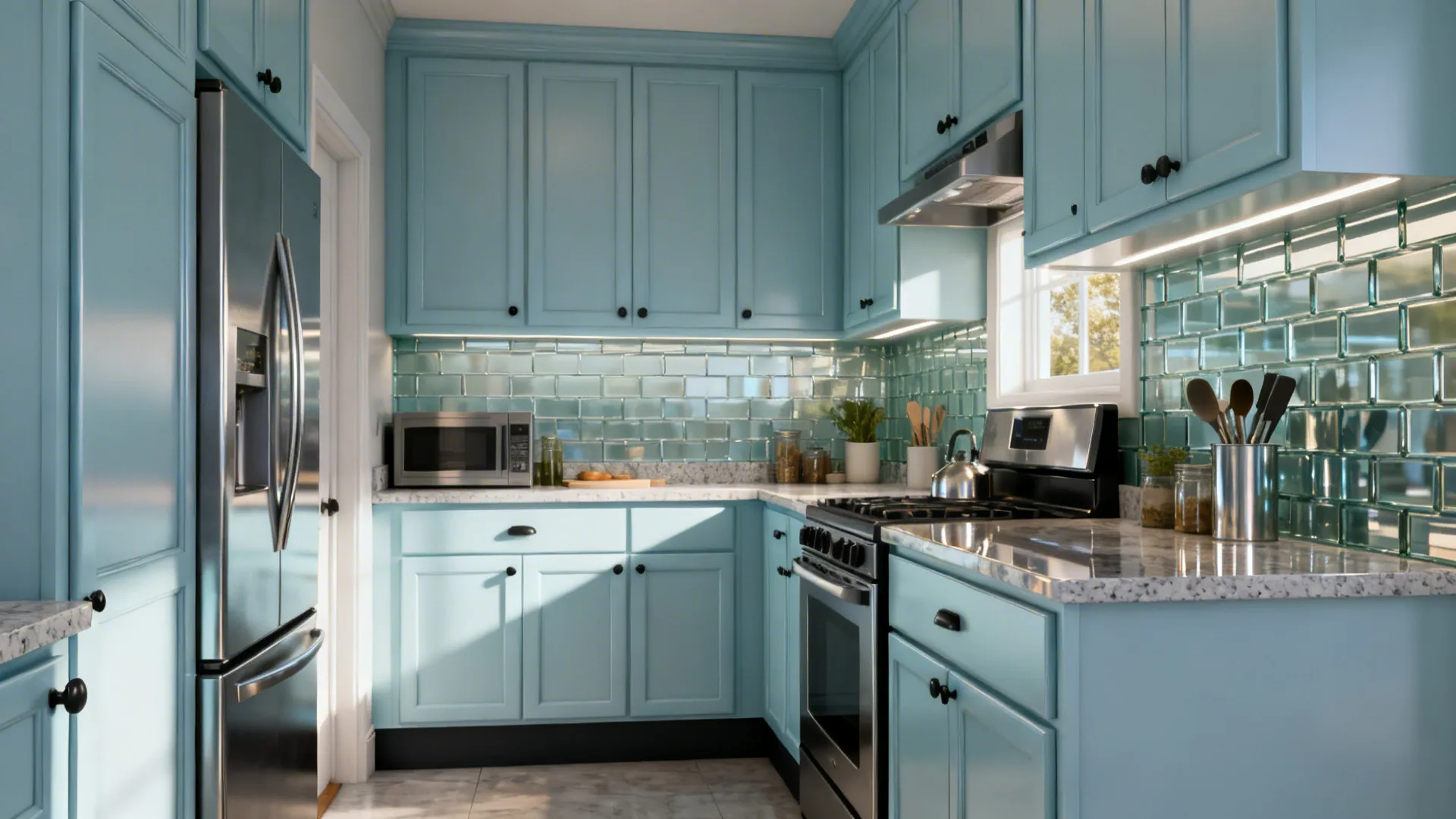 West-facing galley with sky blue uppers, charcoal accents, and quartz counters.