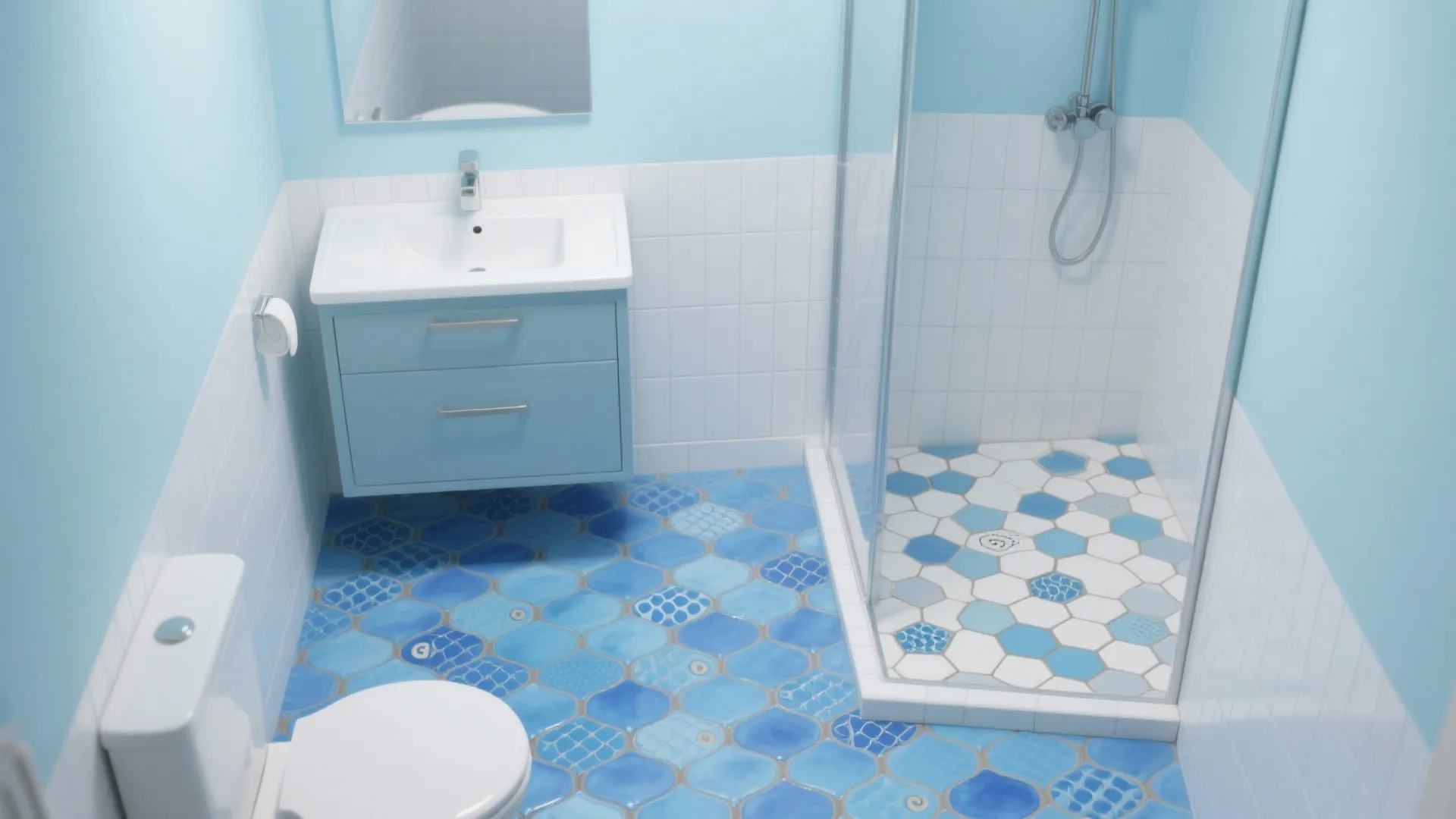 Small bathroom with blue floor tiles white wall tiles blue cabinet and a glass shower