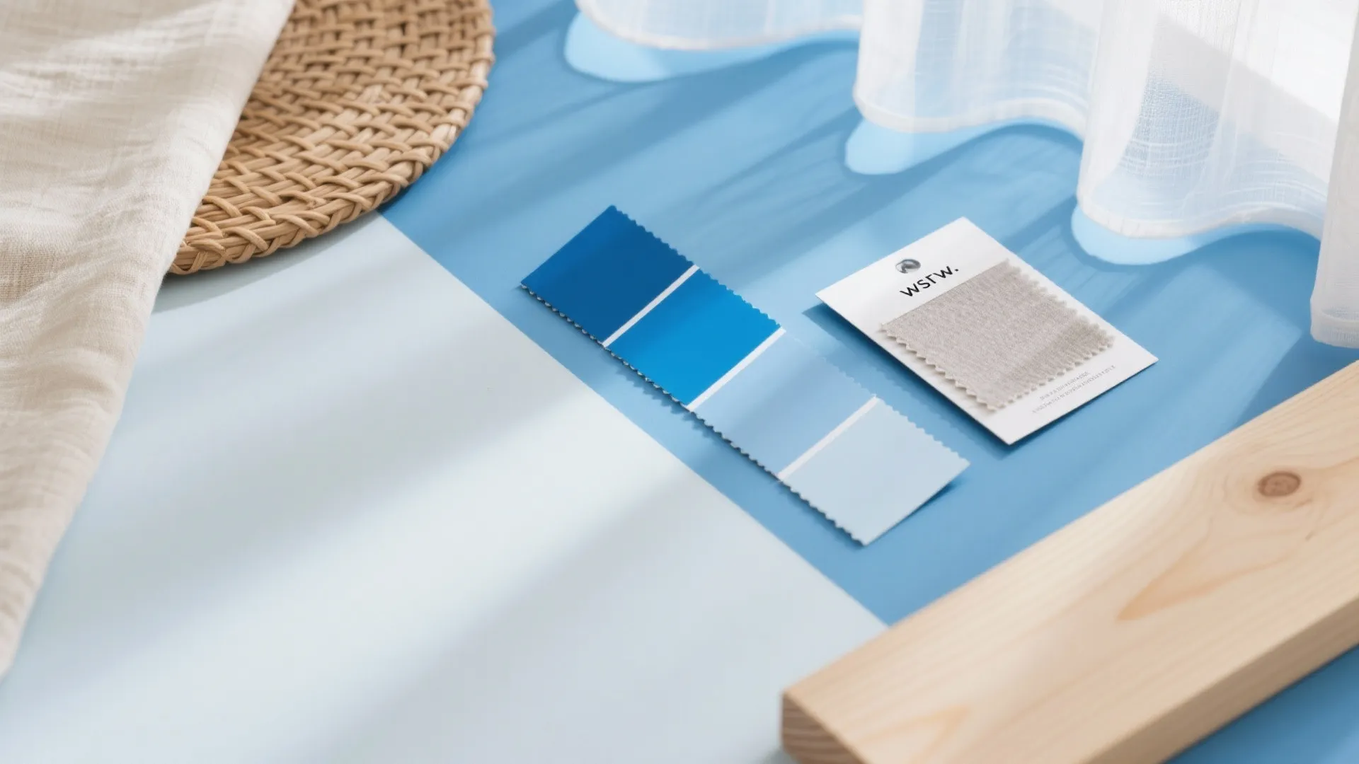 Blue color palette swatches with fabric sample wood piece woven mat and soft white curtains