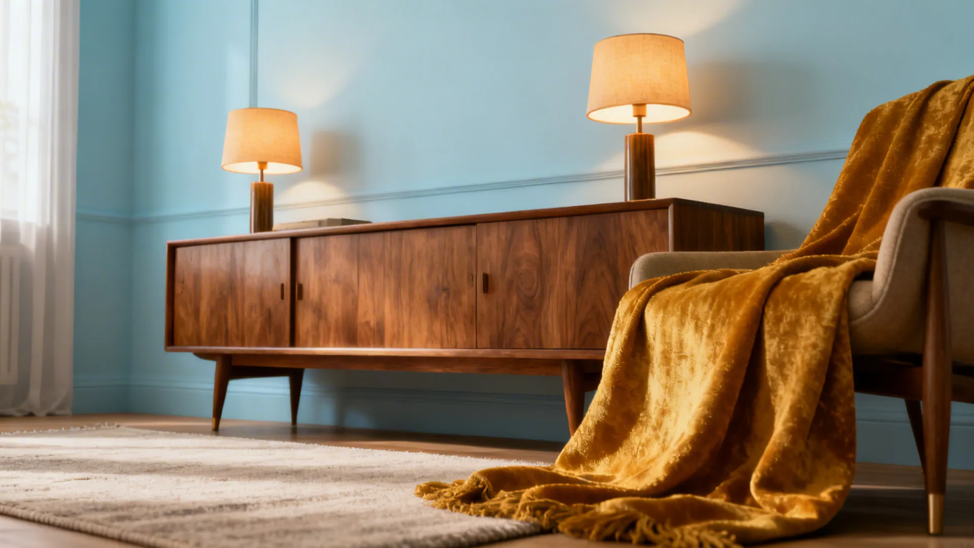 2. Soft Sky Blue with Golden Ochre Details