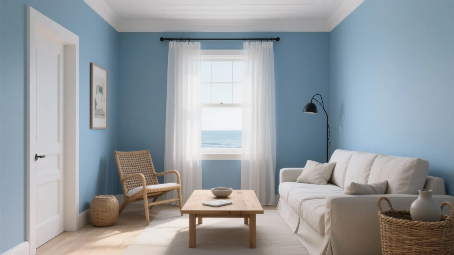 Coastal living room with blue walls white sofa wooden coffee table and white window curtain