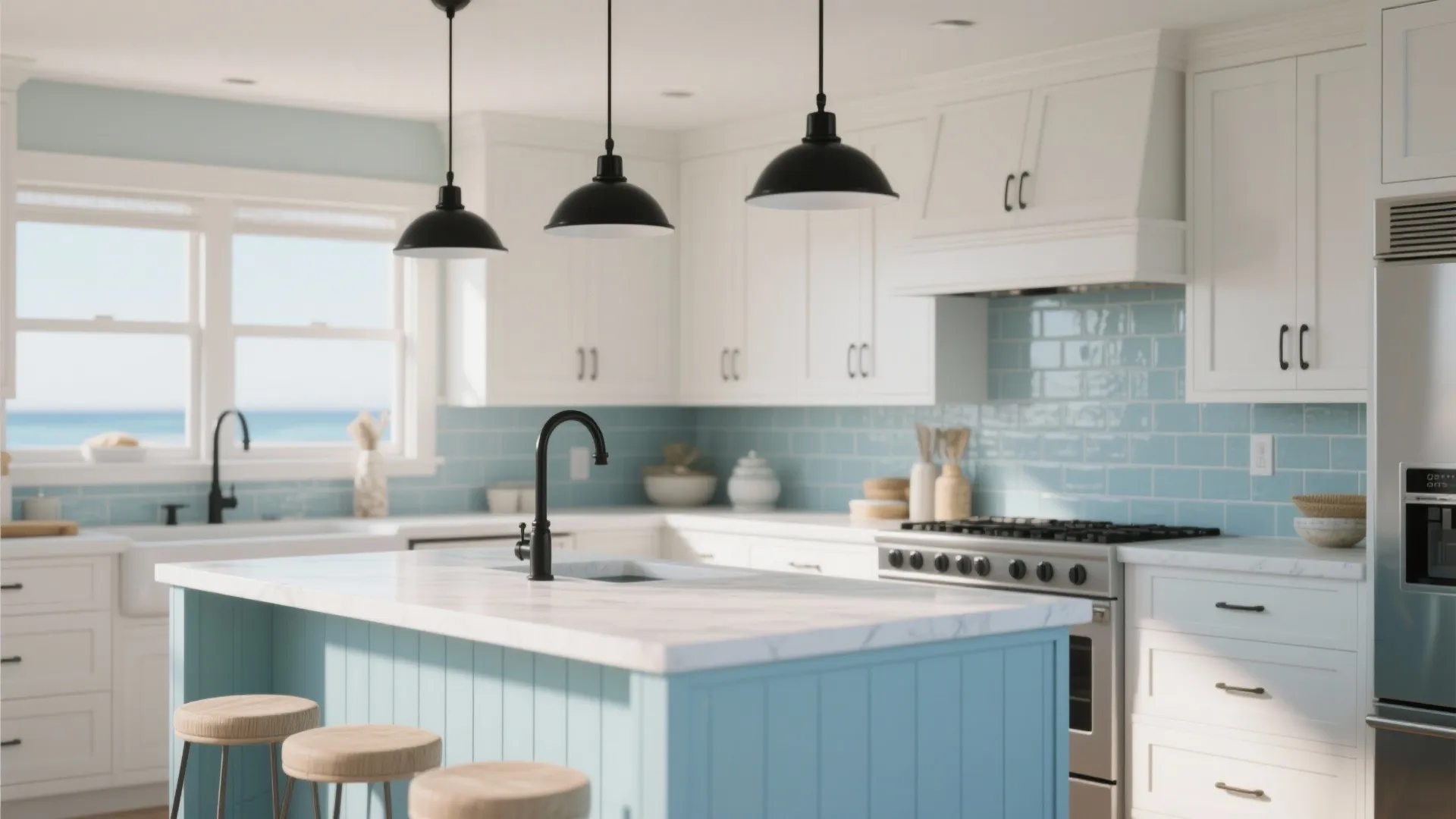 2. Coastal Calm — Soft Sky Blues with Shaker Cabinets