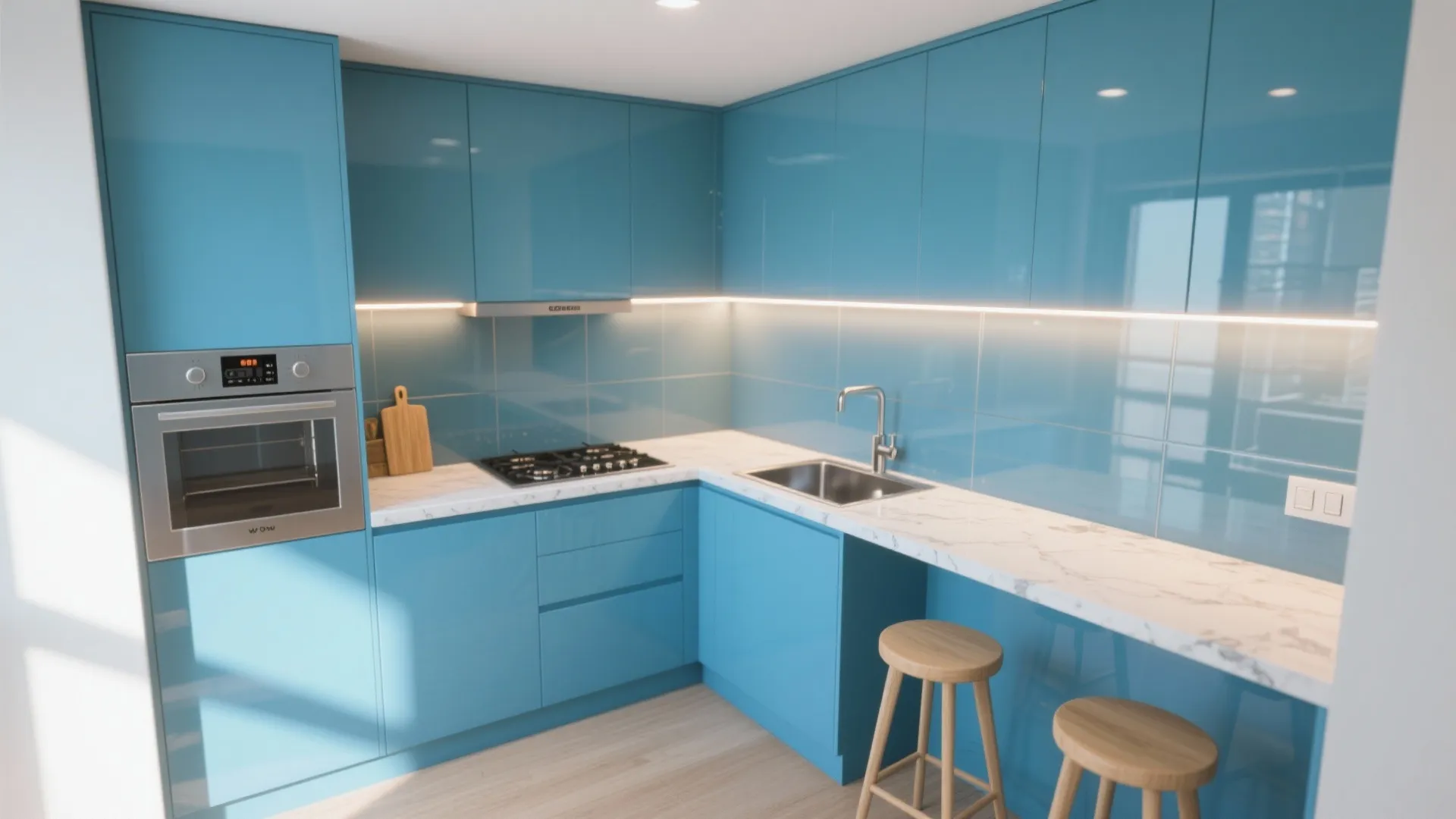 Compact Kitchen Pops: Sky-Blue Accents and Glass Lightness
