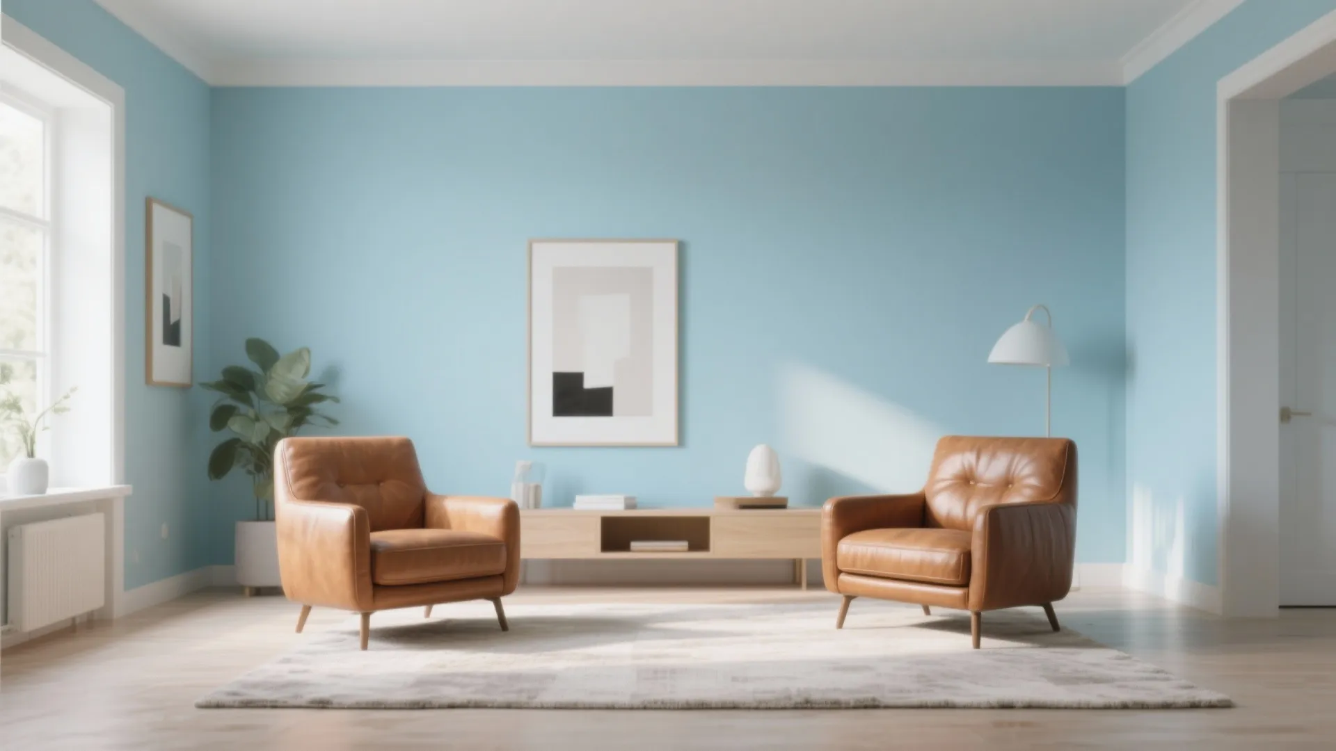 Light blue living room featuring two brown leather chairs wooden cabinet and white floor light fixture