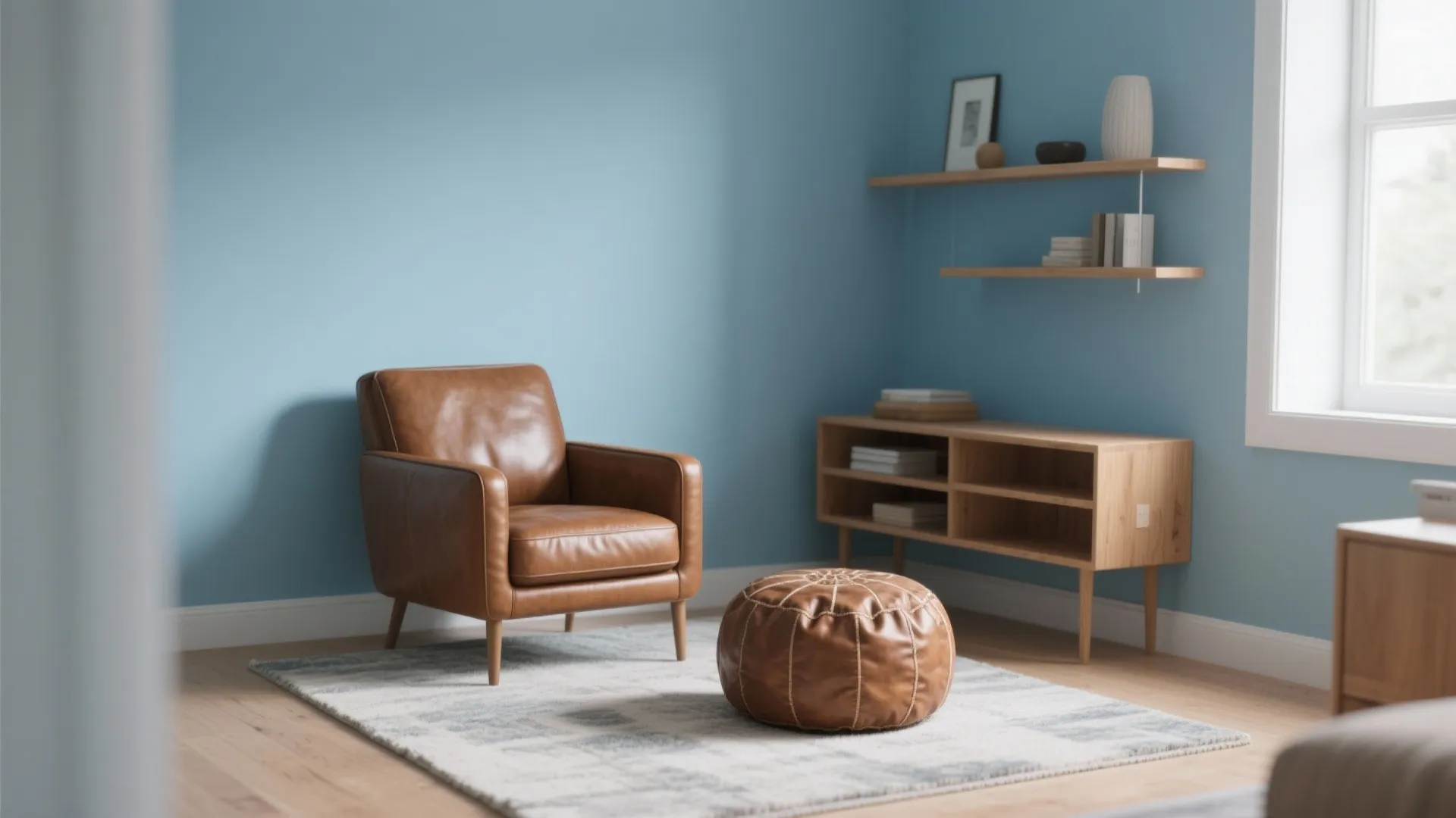 2. Sky Blue Walls with Leather Highlights