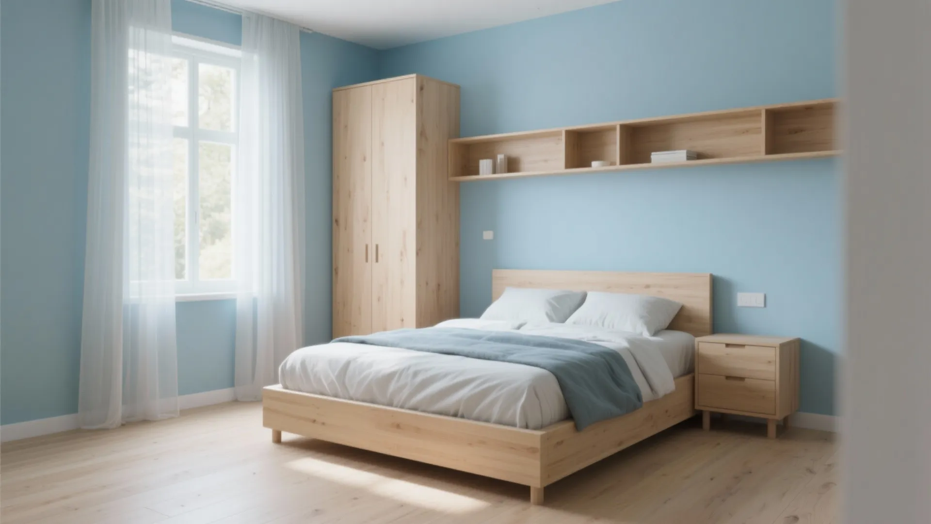Bright small bedroom with sky-blue walls and light oak furniture for an airy Scandinavian feel