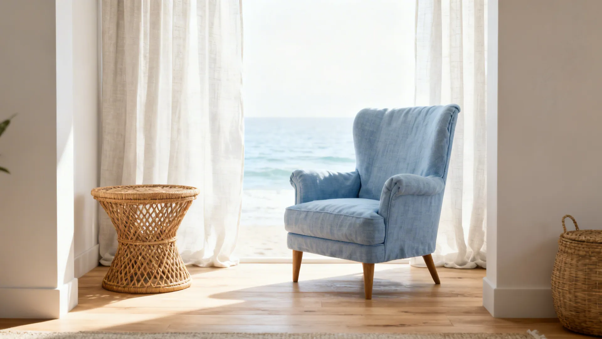 Airy living nook with a sky blue linen chair, rattan table, and light oak accents.