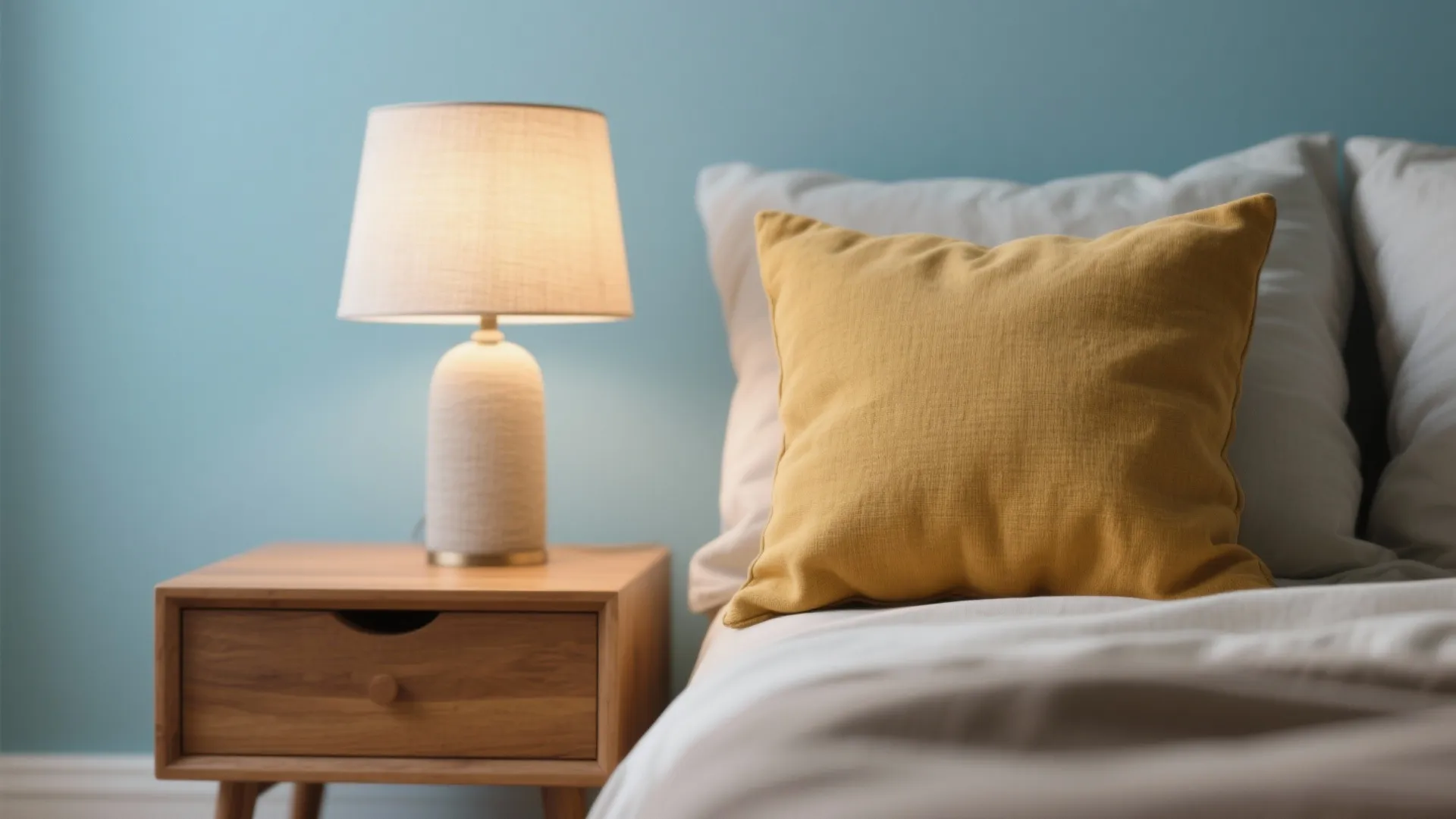 1. Soft Sky Blue Walls with Mustard Accents